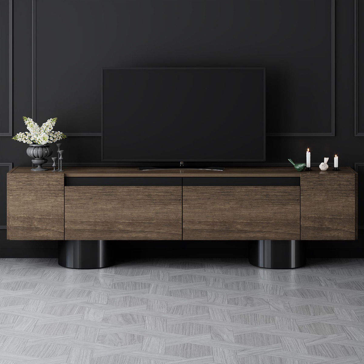 Moderner TV-Ständer aus Melamin in Bohem Noce Design