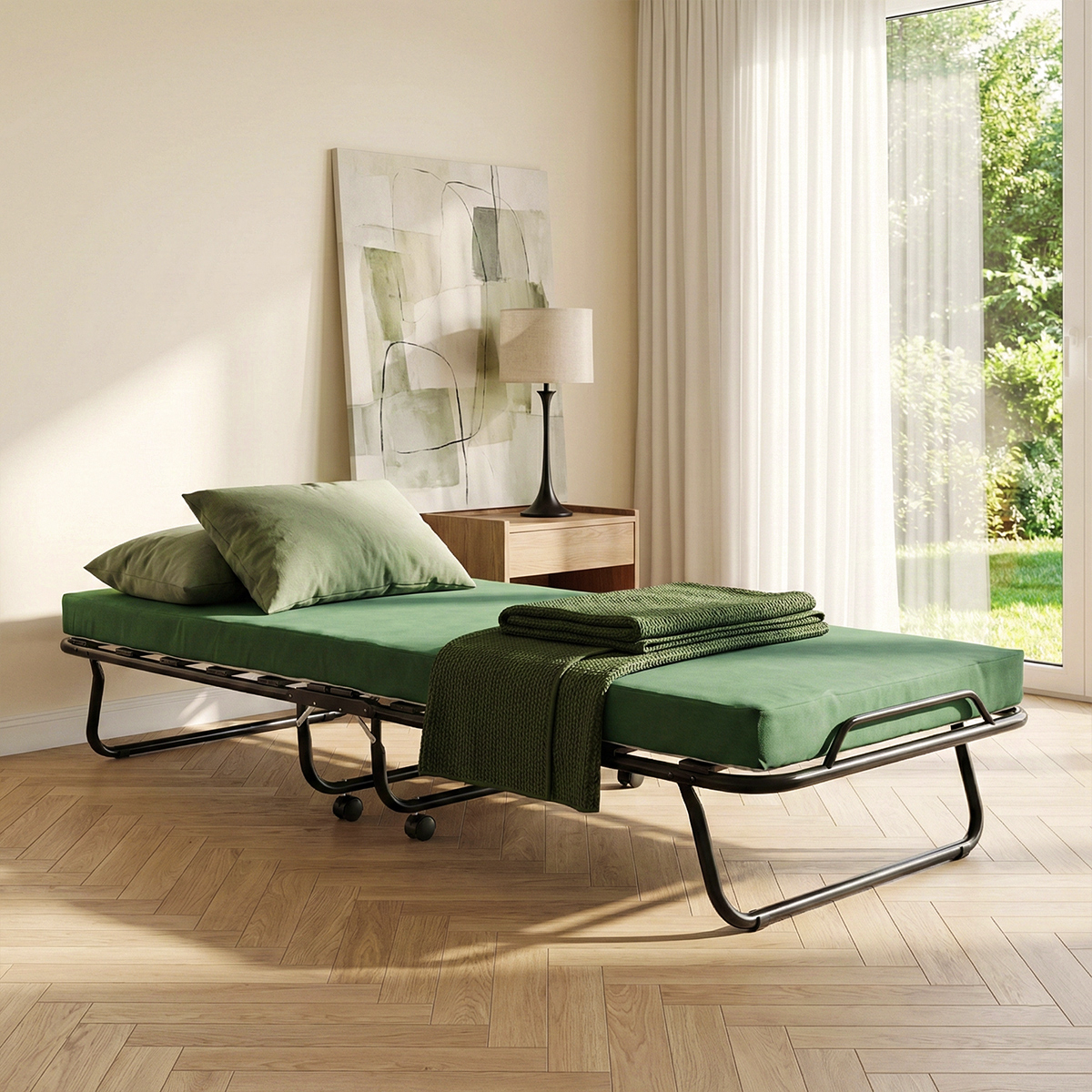 Cama plegable con ruedas, colchón y somier 80x180 Ares