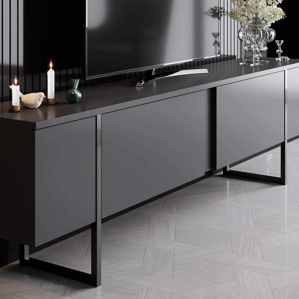 Mueble TV moderno de madera melamínica y metal Luxe Antracita