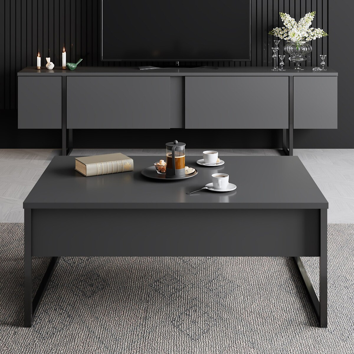 Mueble TV moderno de madera melamínica y metal Luxe Antracita