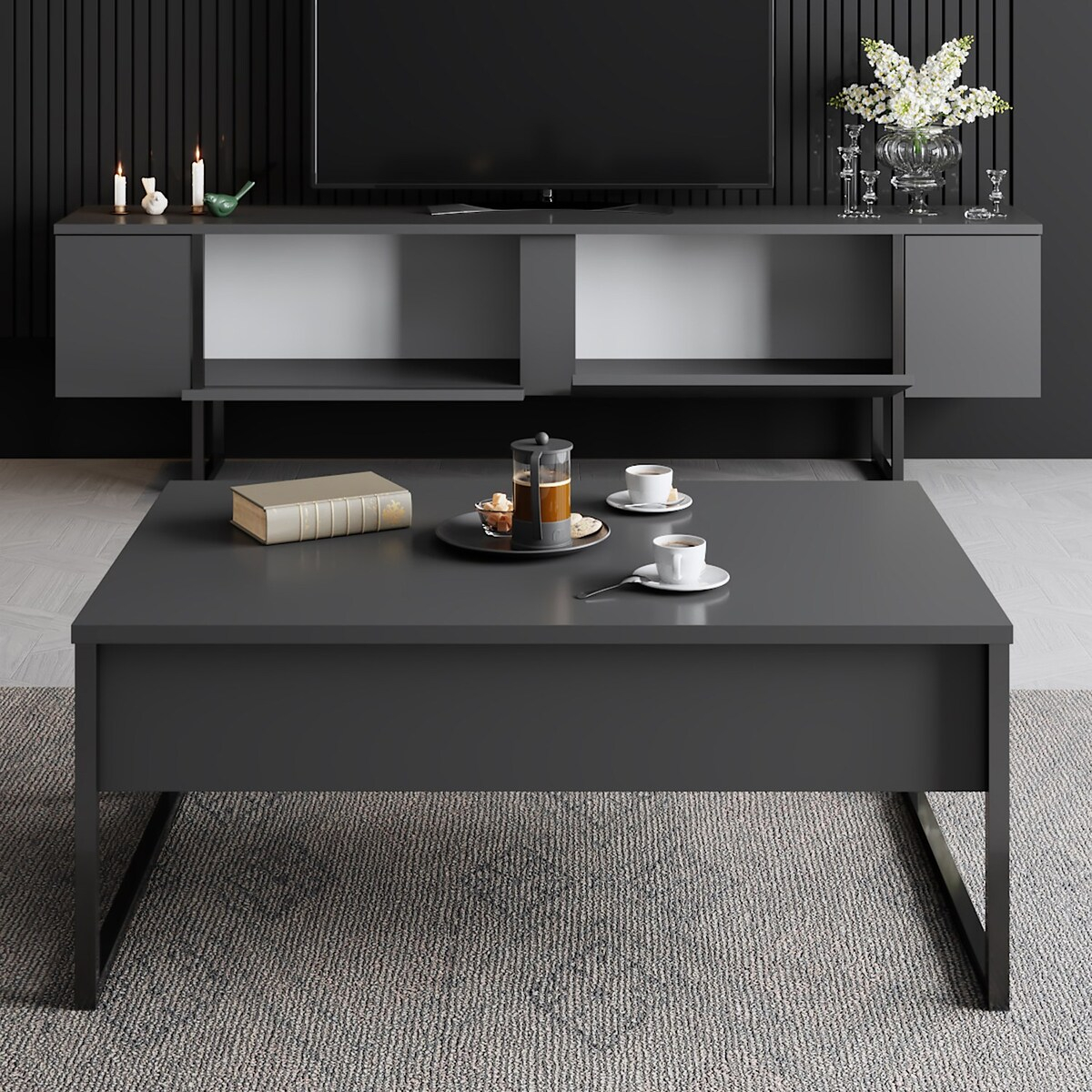 Mueble TV moderno de madera melamínica y metal Luxe Antracita