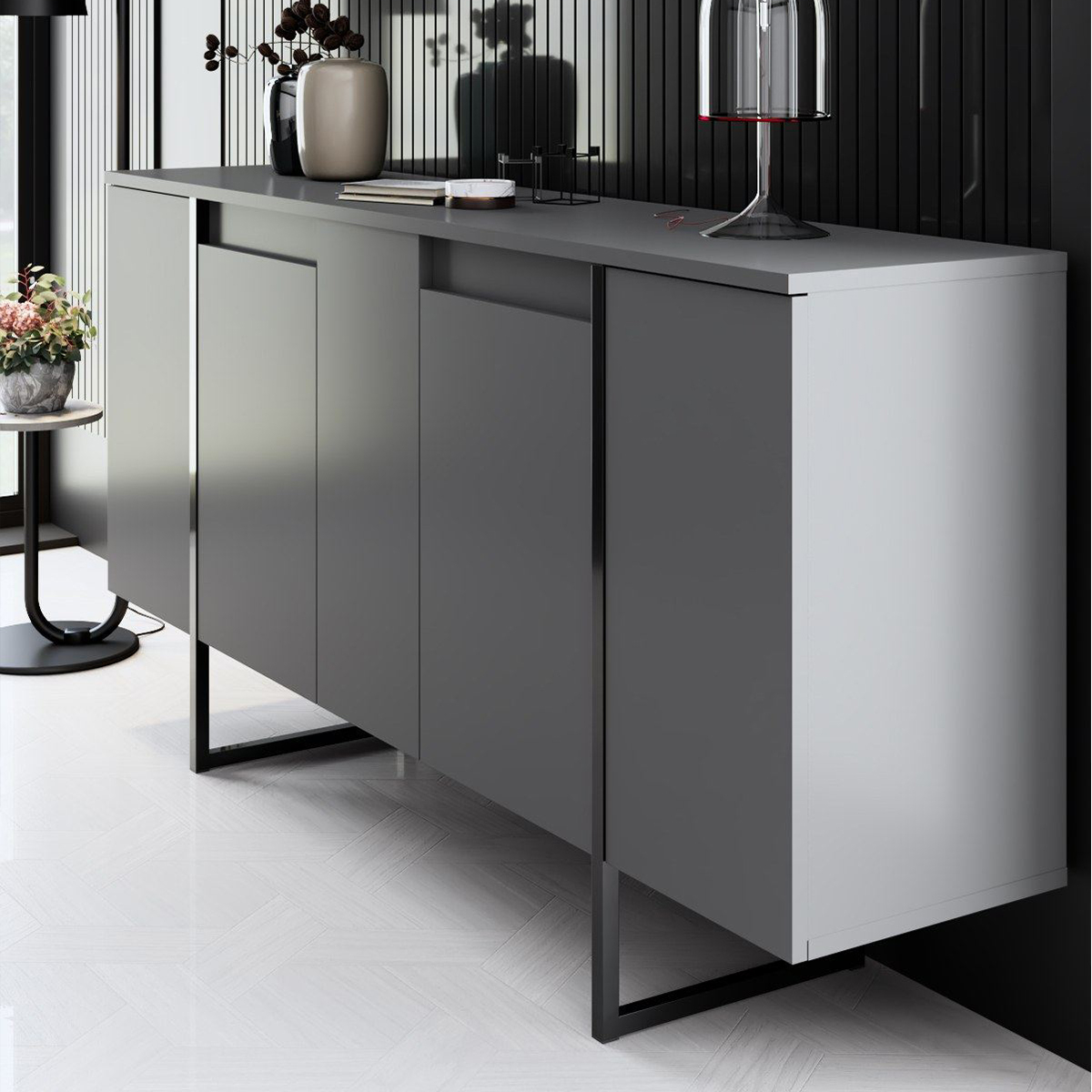 Moderne Anrichte aus Melaminholz mit Metallbeinen Luxe Anthrazit