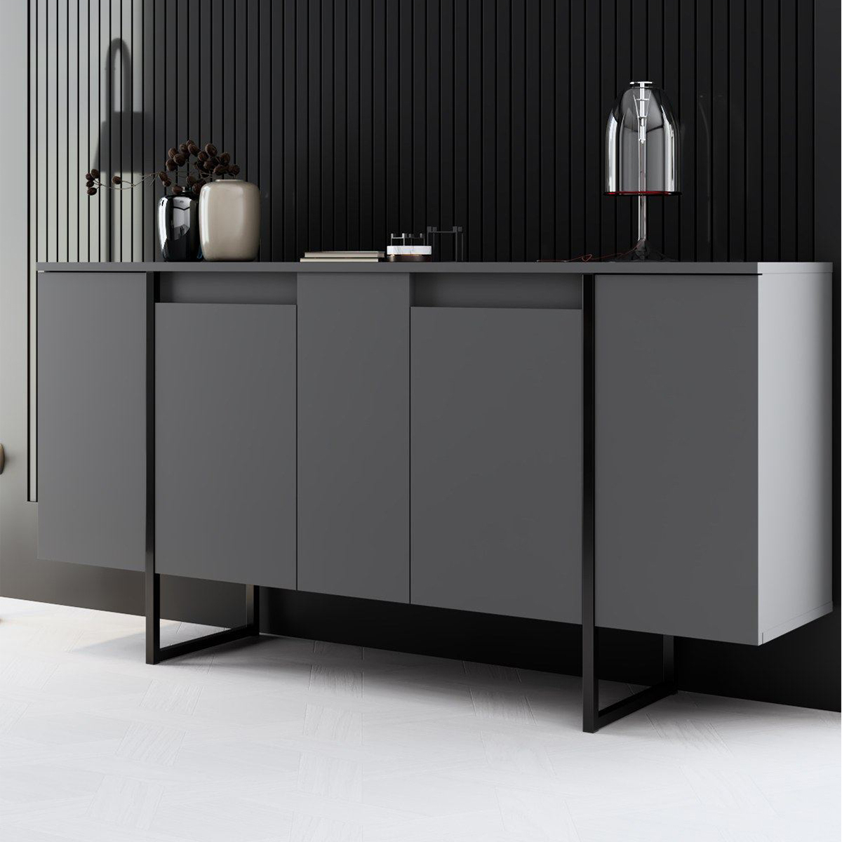 Moderne Anrichte aus Melaminholz mit Metallbeinen Luxe Anthrazit
