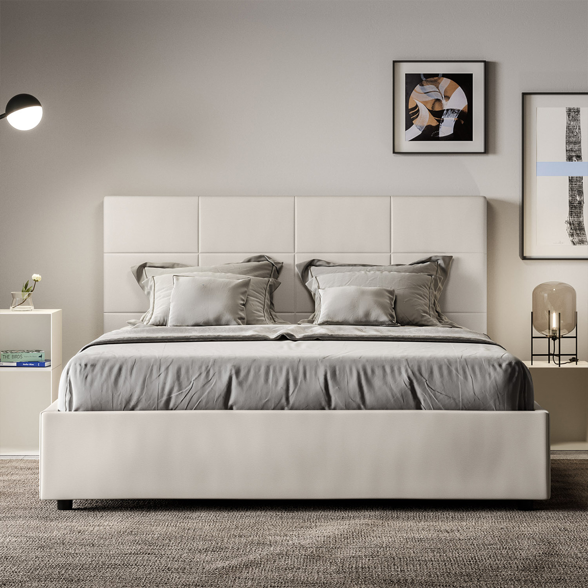 Lit double avec coffre de rangement et tête de lit 160x200 chambre moderne Mika M1