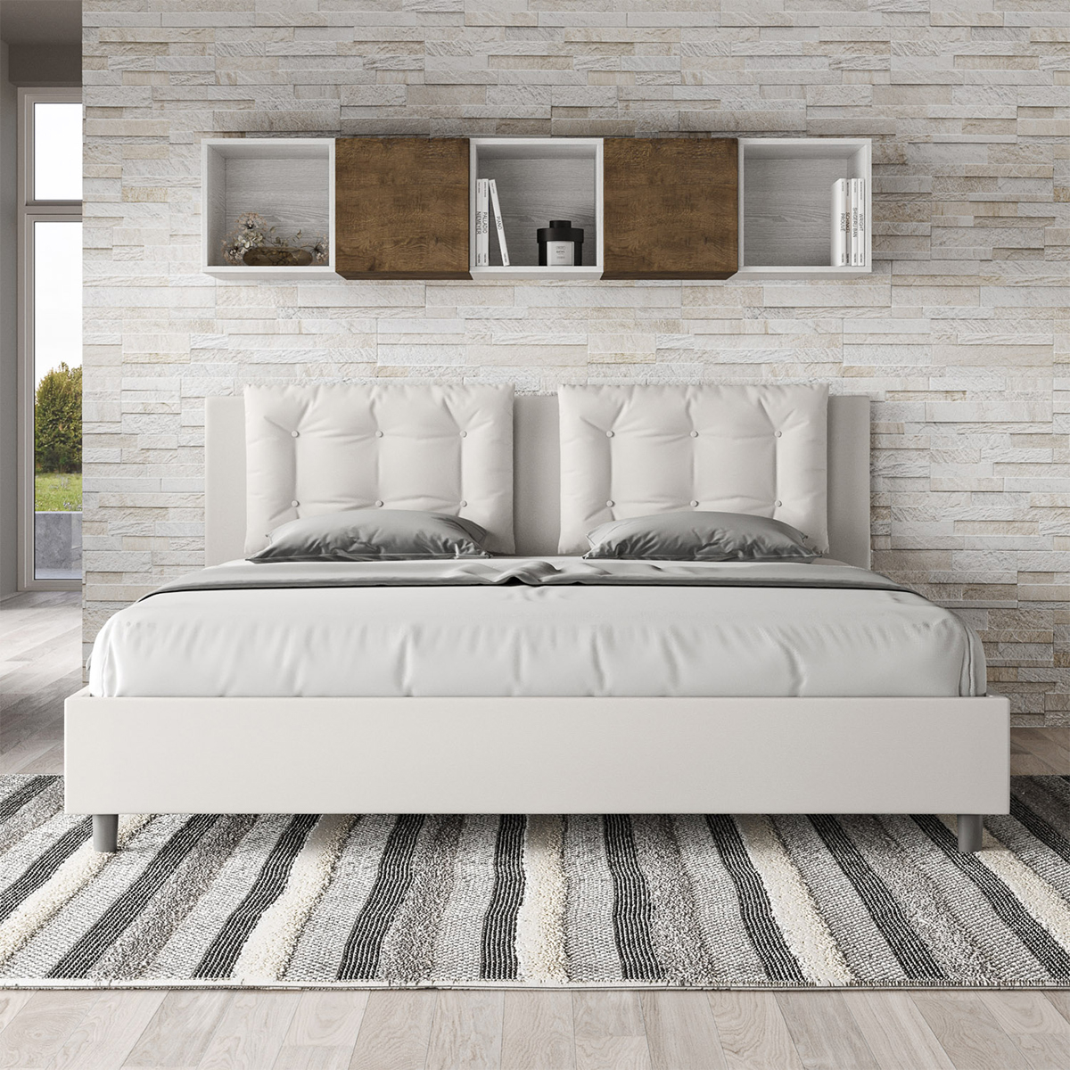 Lit double 160x200 avec rangement et coussins rembourrés Annalisa M1