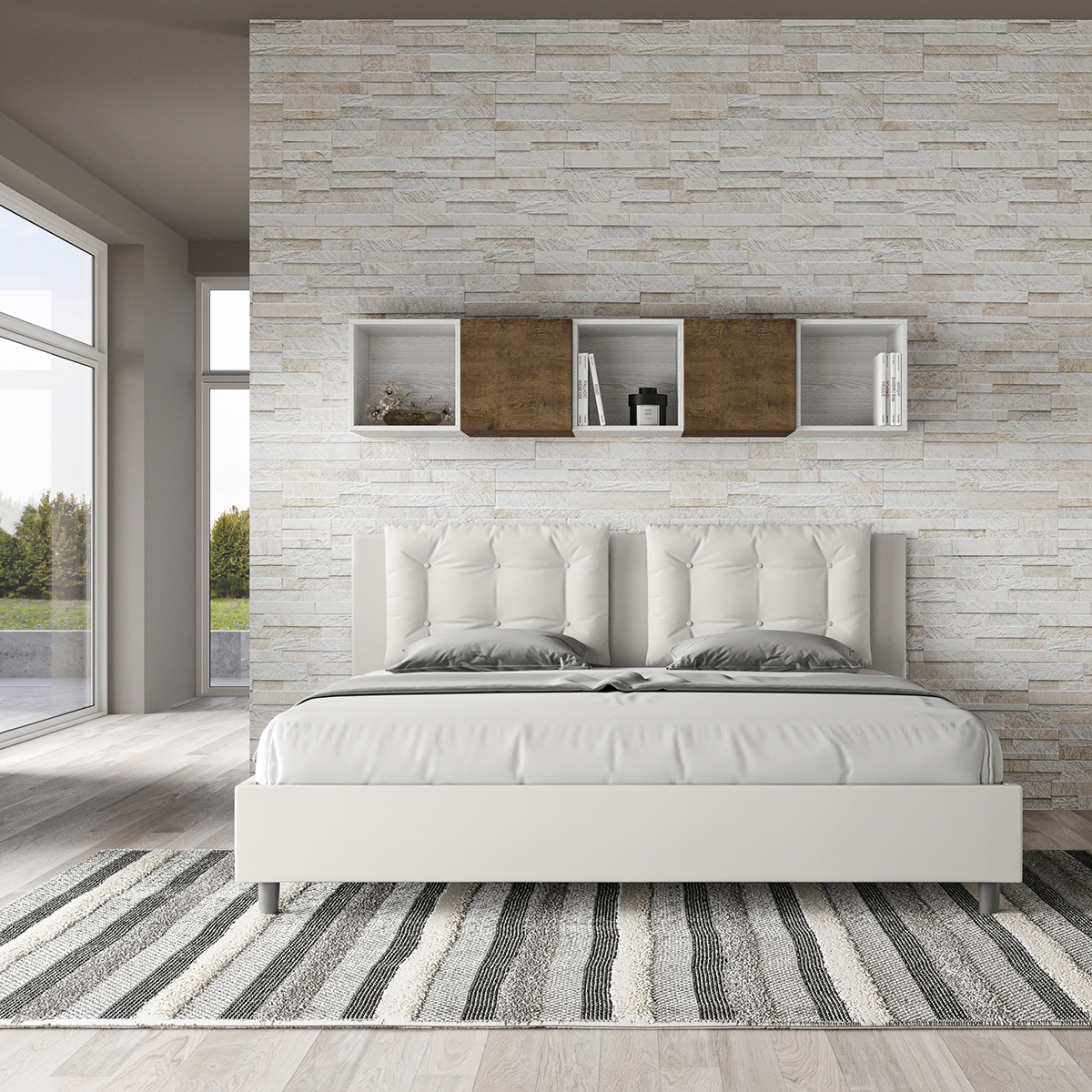 Lit double 160x200 avec rangement et coussins rembourrés Annalisa M1
