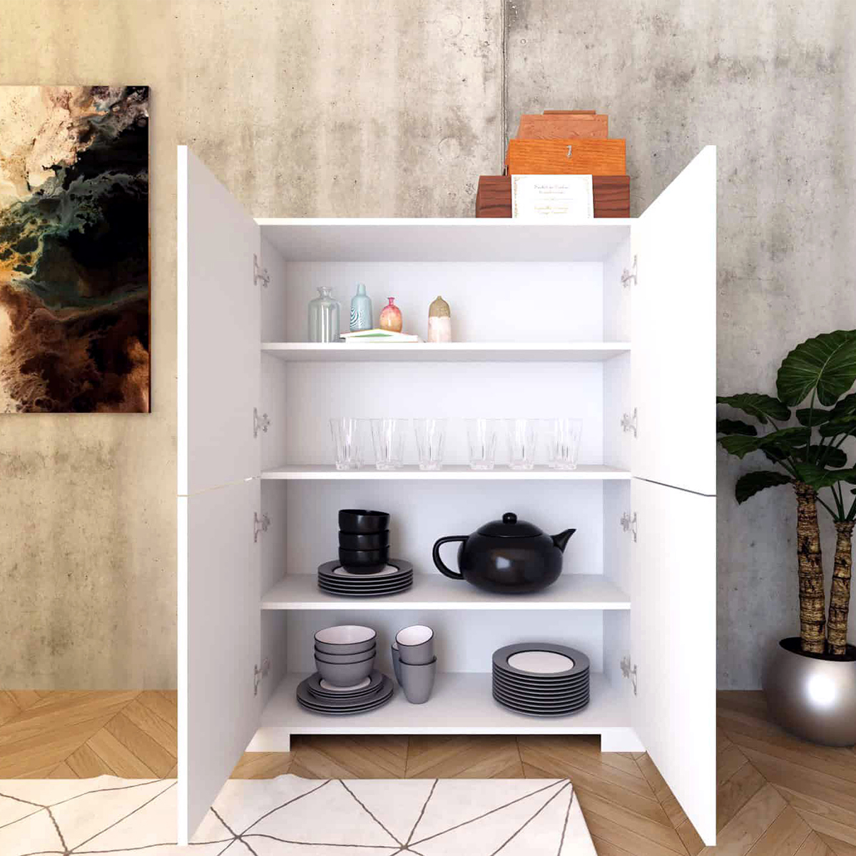 Hoher Mehrzweckschrank mit 4 Türen für Wohn- und Esszimmer, platzsparend 90x35x120 Lumina