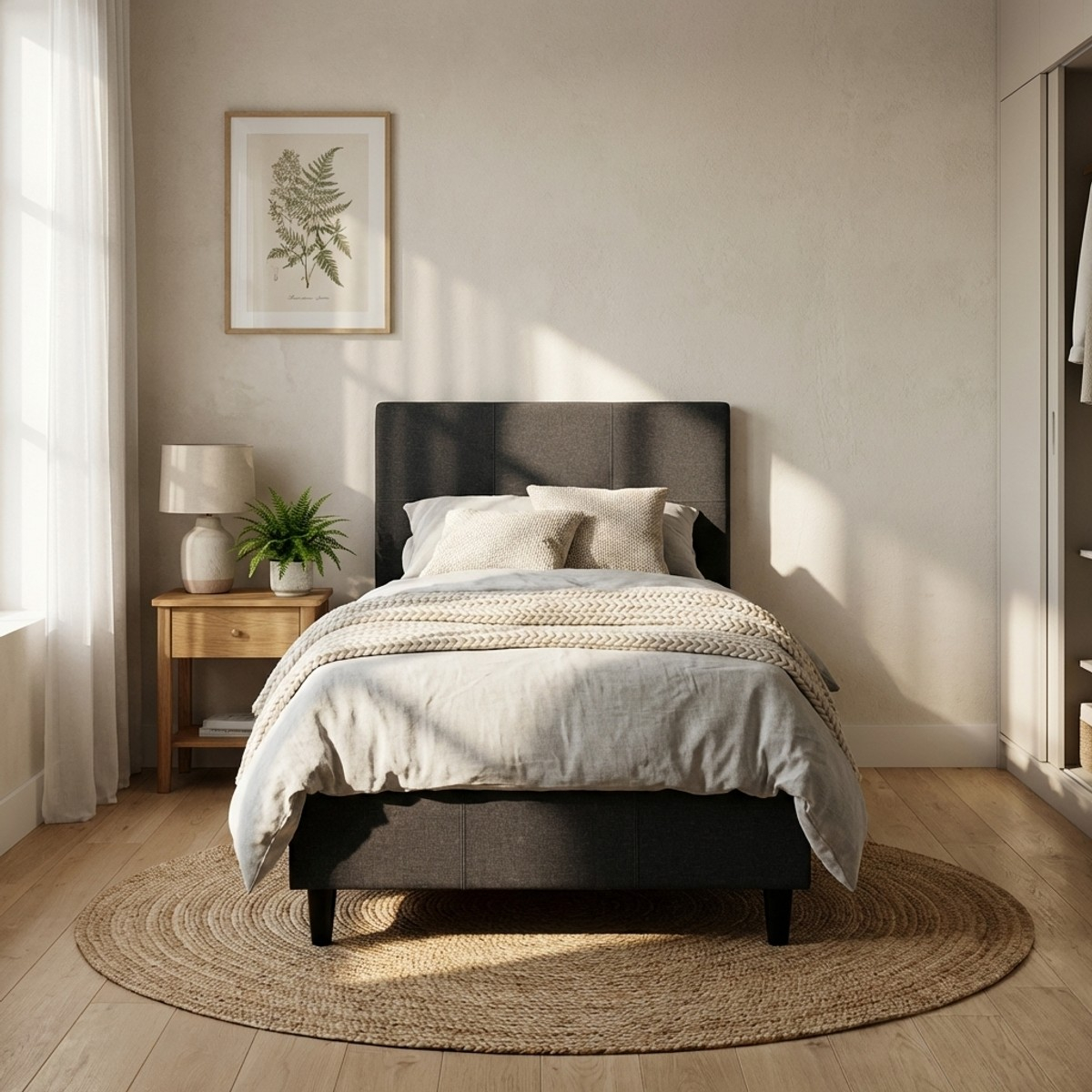 Lit 1 place en tissu avec tête de lit et sommier 80x190 Lausanne Twin