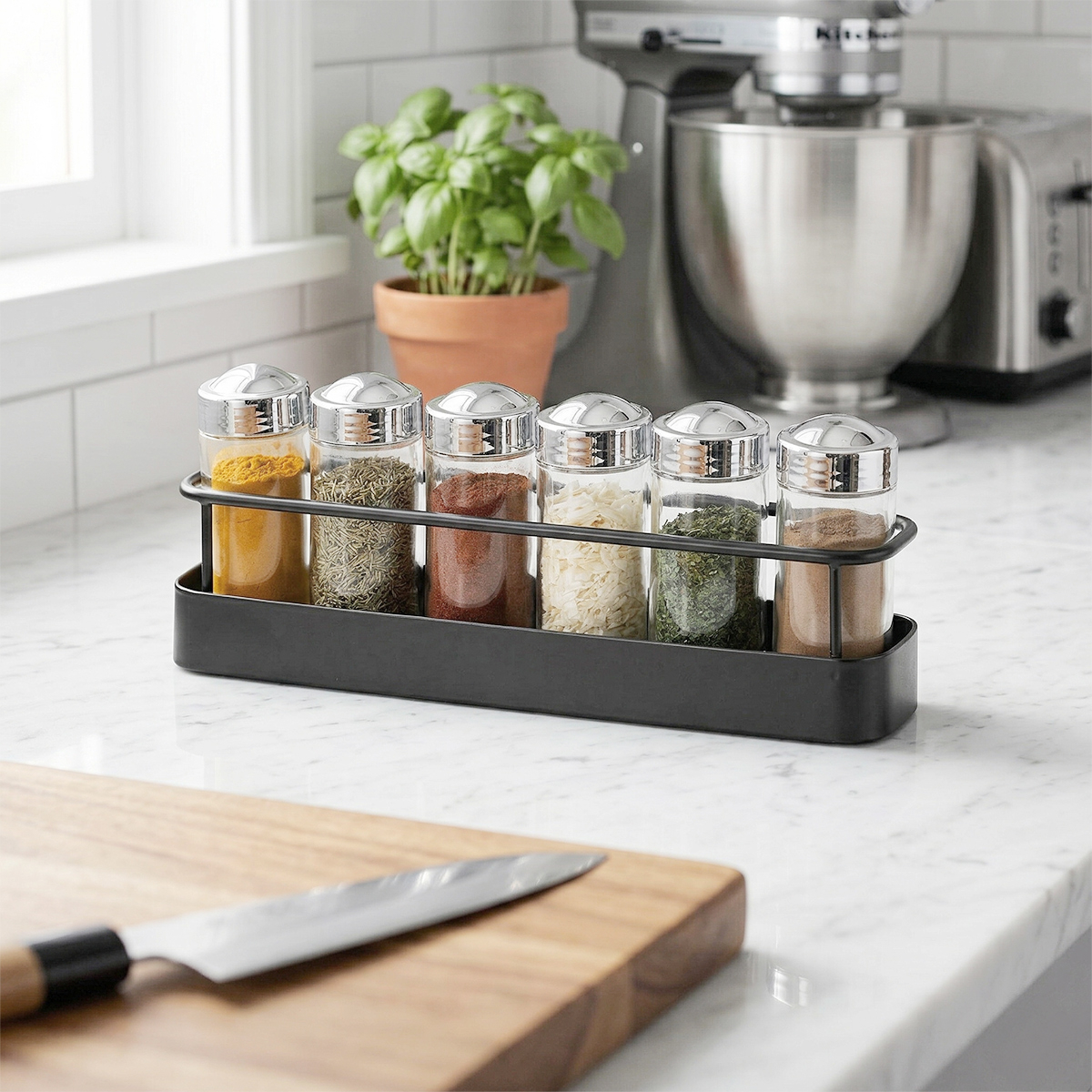 Porte-épices de cuisine avec ensemble de 6 bocaux en verre Lyu