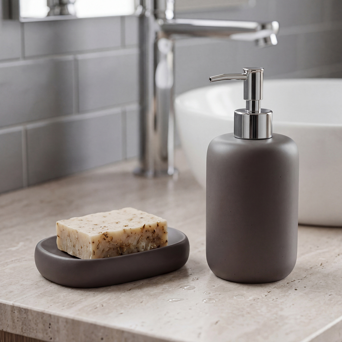 Ensemble accessoires salle de bain distributeur verre porte-savon porte-brosse gris Zara