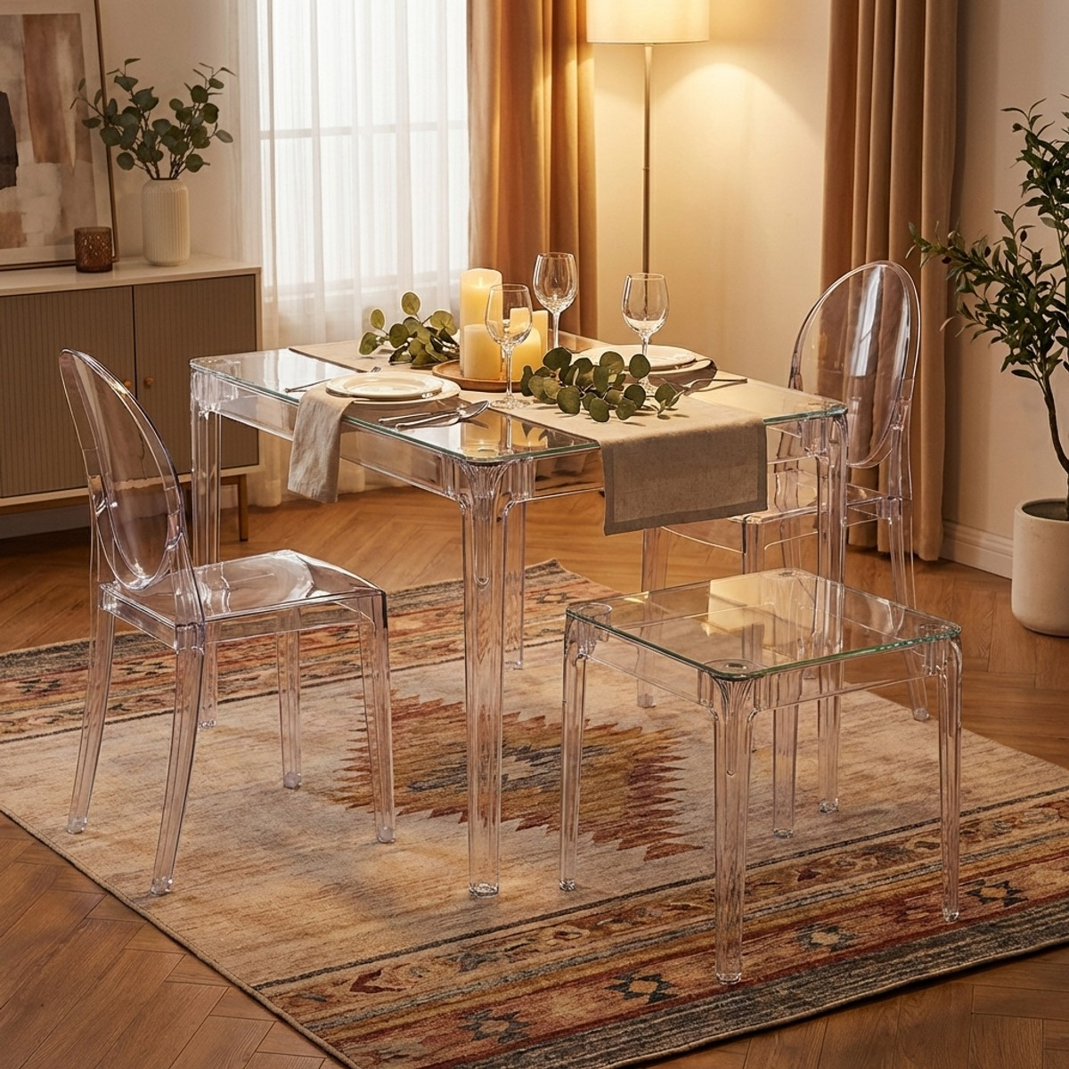 Table carrée en verre et polycarbonate Danubio