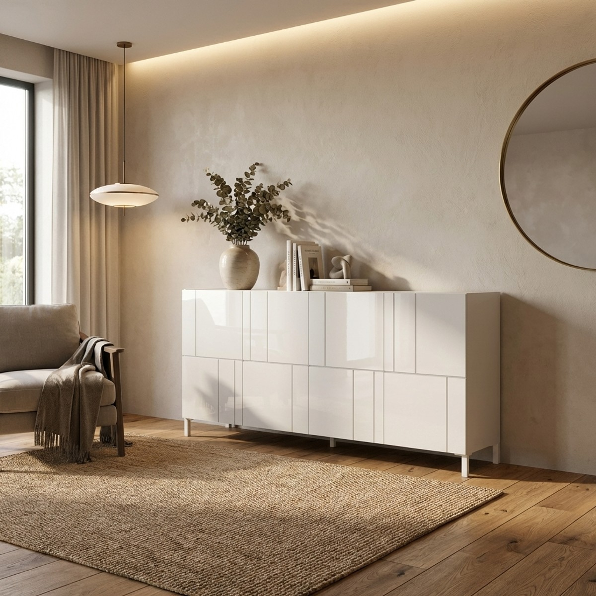 Nuvia 4-türiger Hochglanz-Buffetschrank mit Regalböden