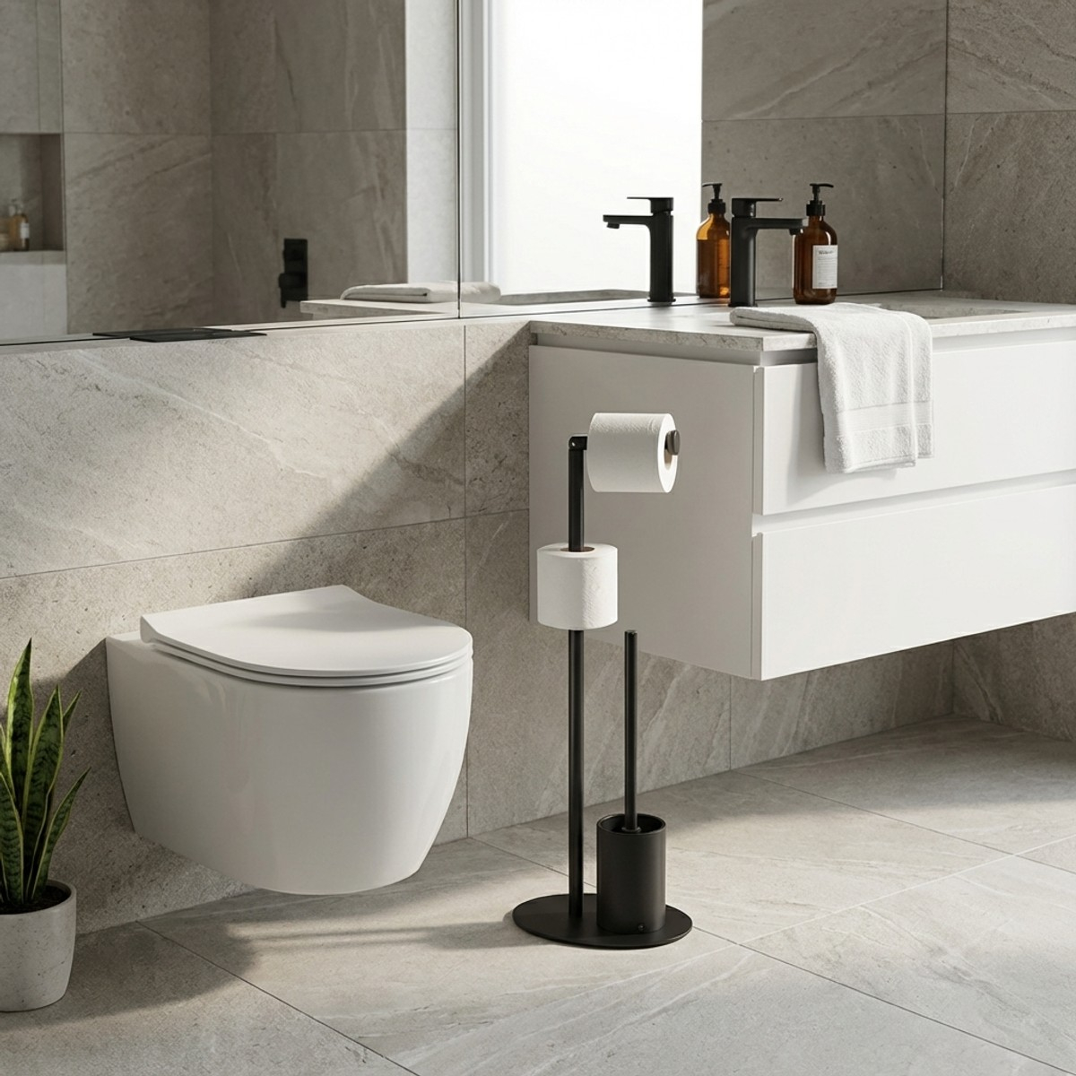 Support mural pour rouleau de papier toilette et balai de salle de bain Tippy B