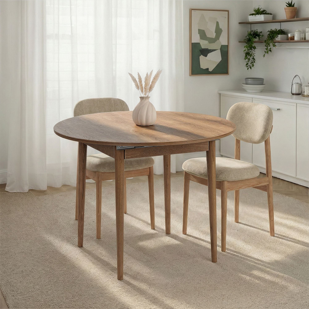 Mesa de comedor redonda extensible Viona, ahorra espacio