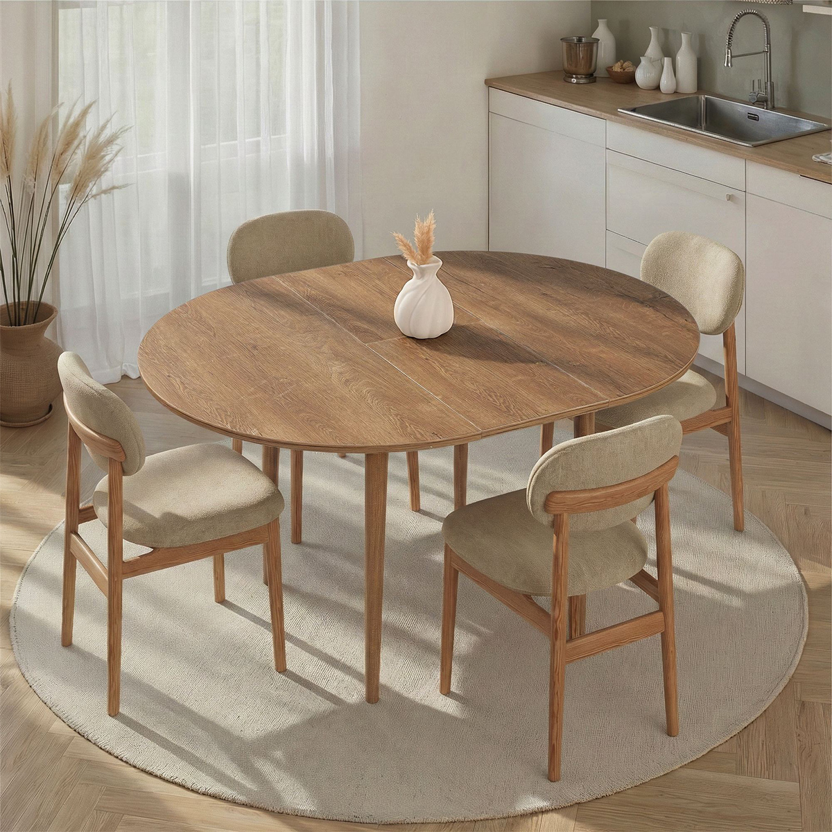 Mesa de comedor redonda extensible Viona, ahorra espacio