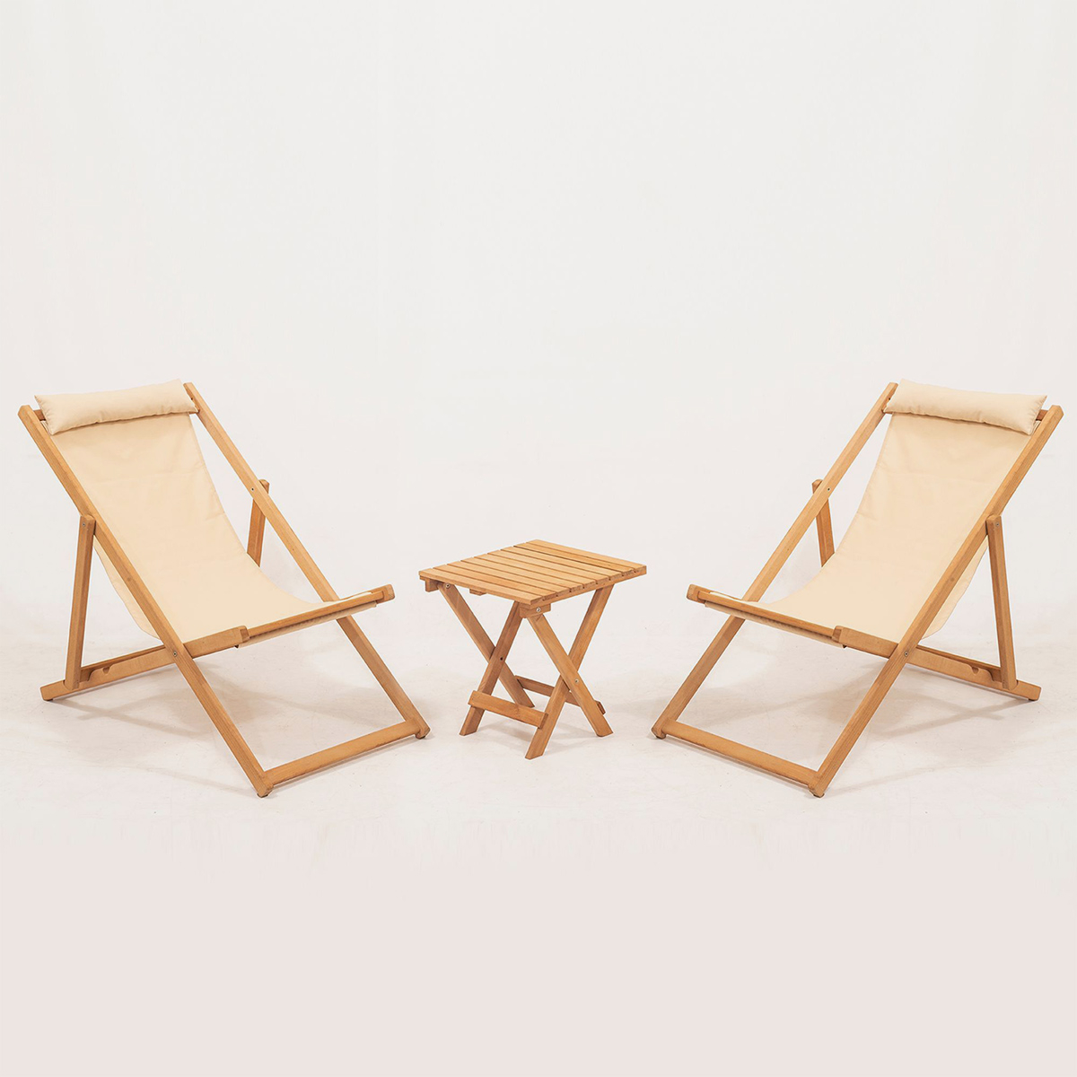 Set de 2 tumbonas plegables con mesa de madera para jardín Morik