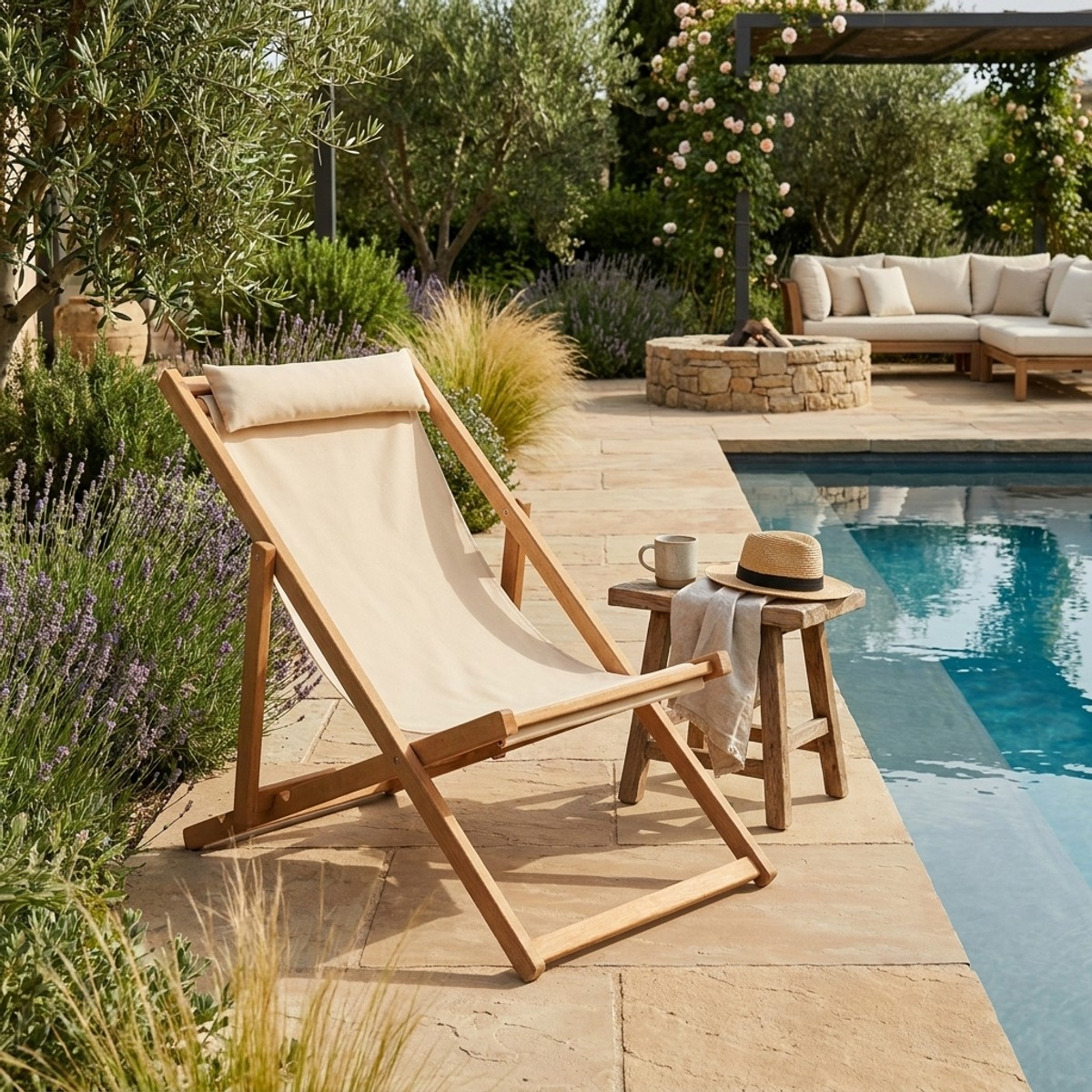 Silla de jardín plegable y reclinable en madera Selvor