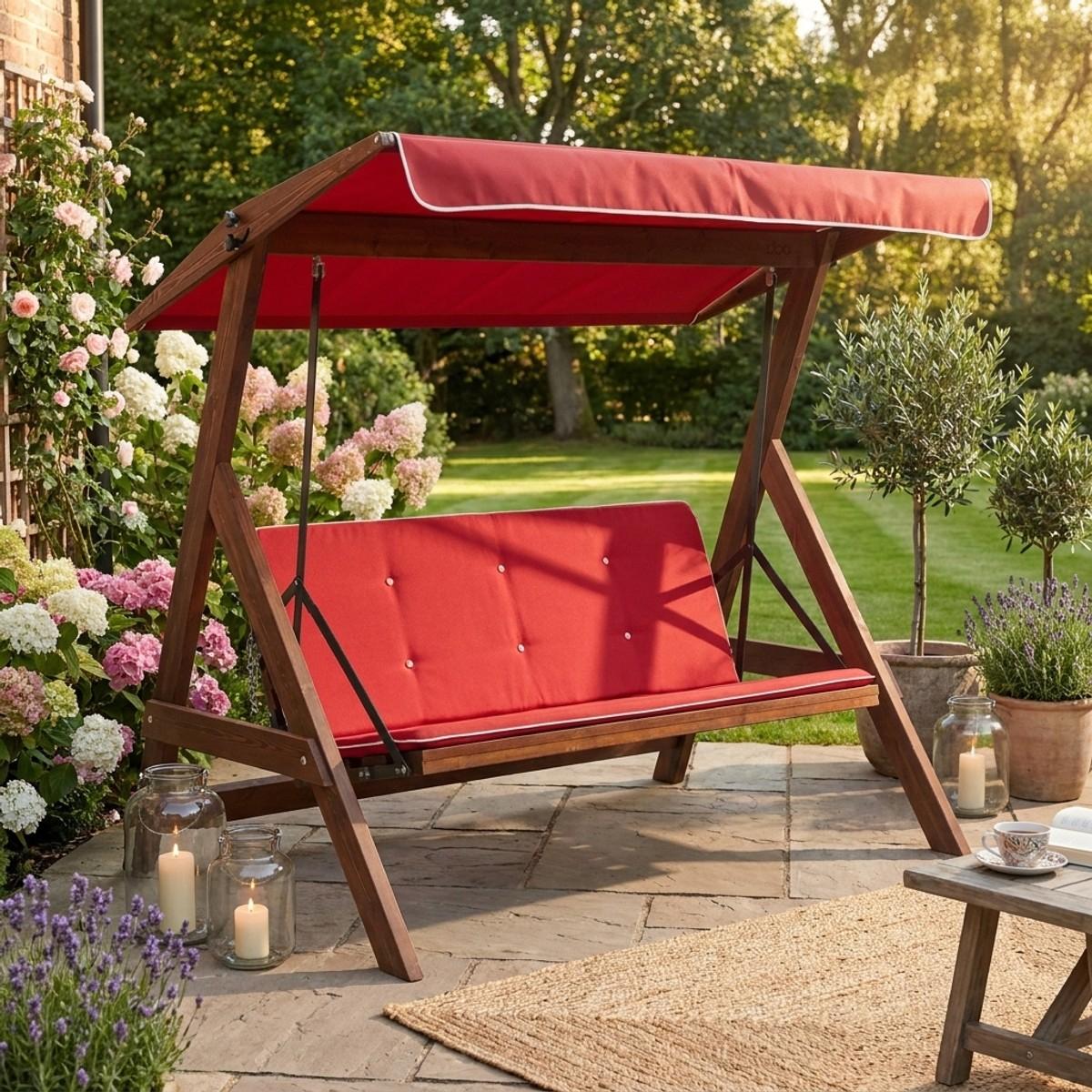 Columpio de jardín reclinable para 3 personas con toldo Roma