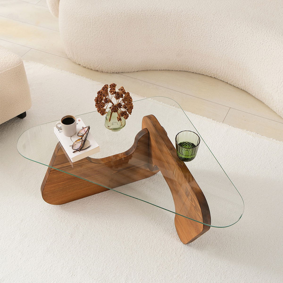 Mesa de centro de vidrio y madera Freya