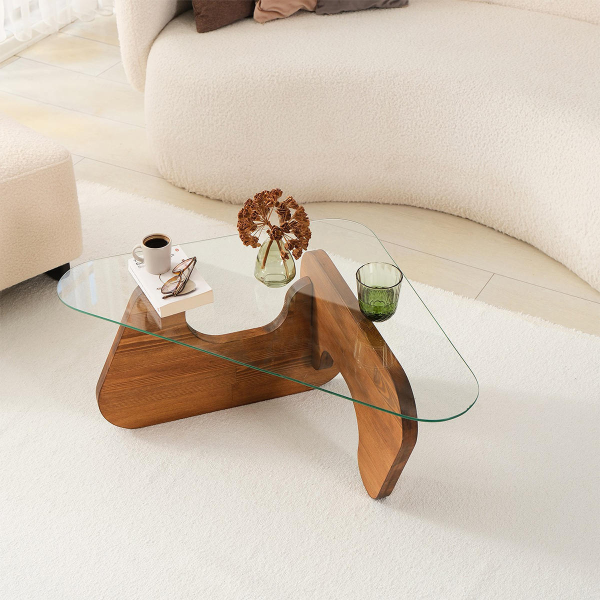 Mesa de centro de vidrio y madera Freya