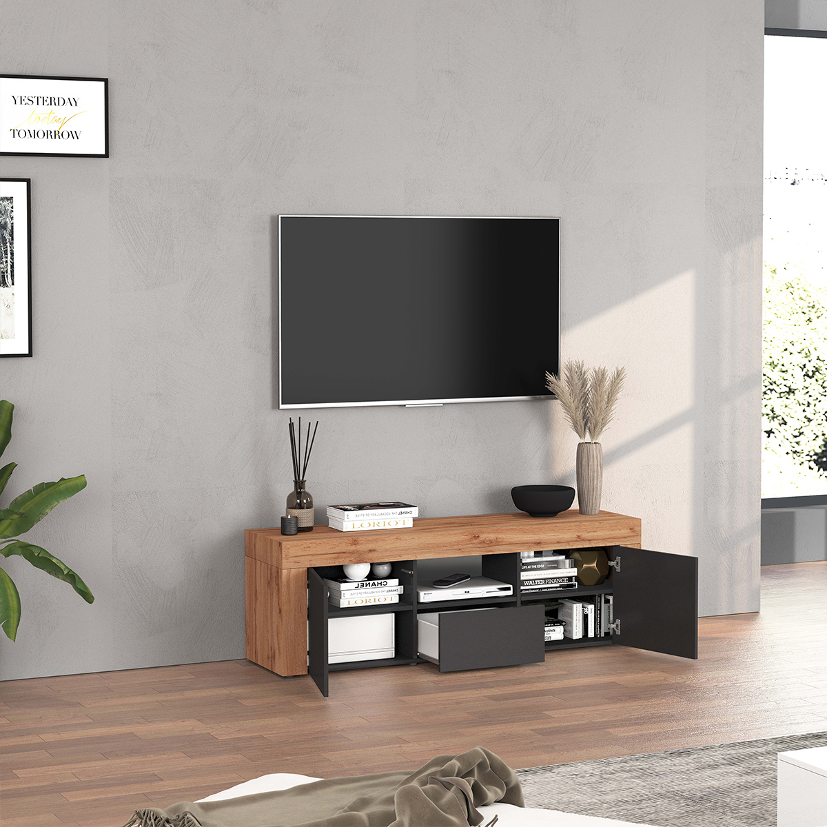 Porta TV da appoggio moderno con ante e cassetto Nyrka