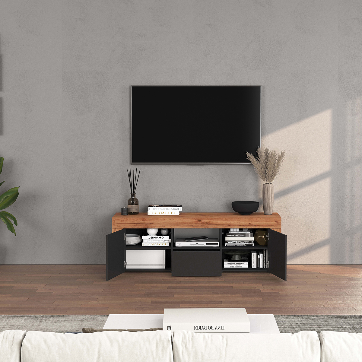 Porta TV da appoggio moderno con ante e cassetto Nyrka