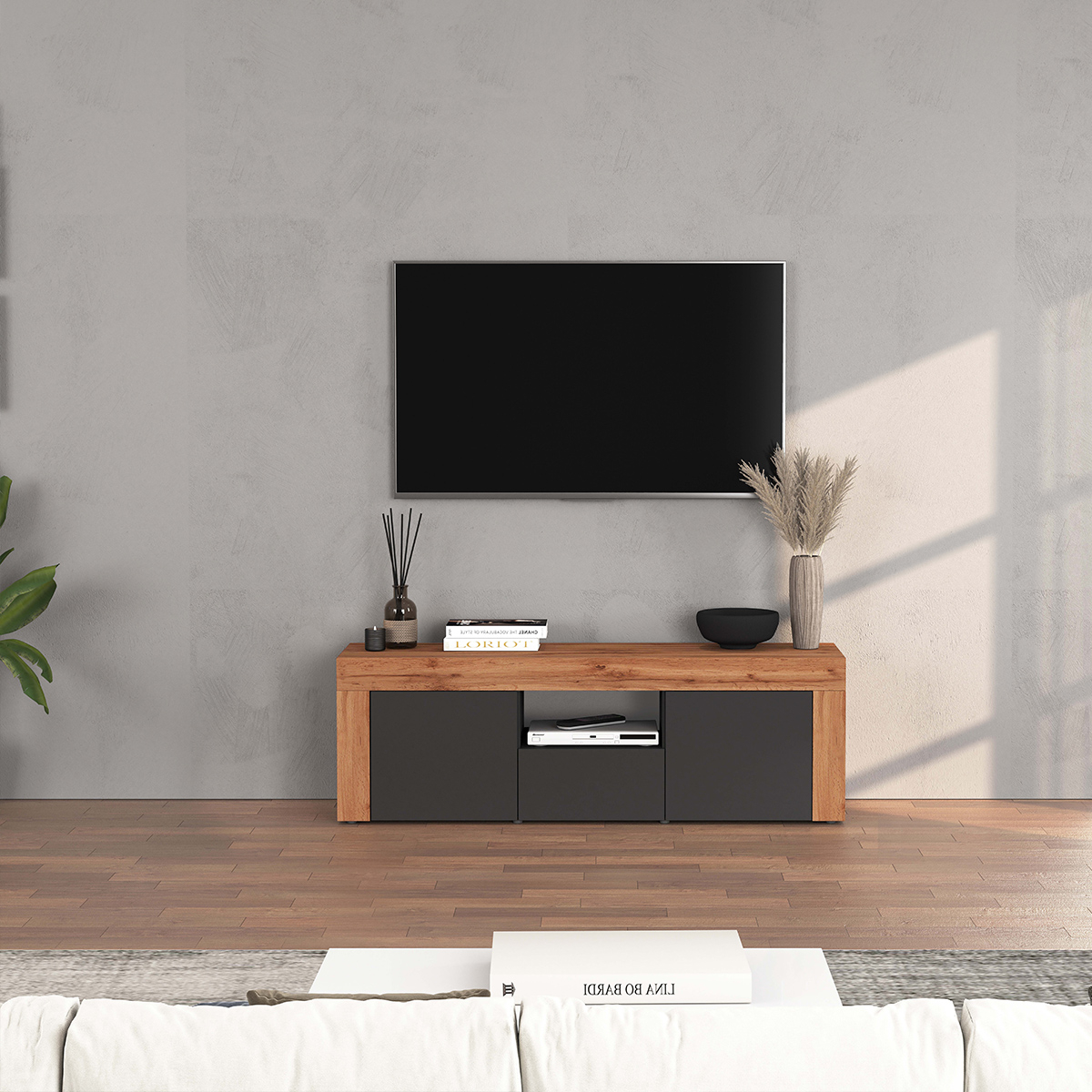 Porta TV da appoggio moderno con ante e cassetto Nyrka