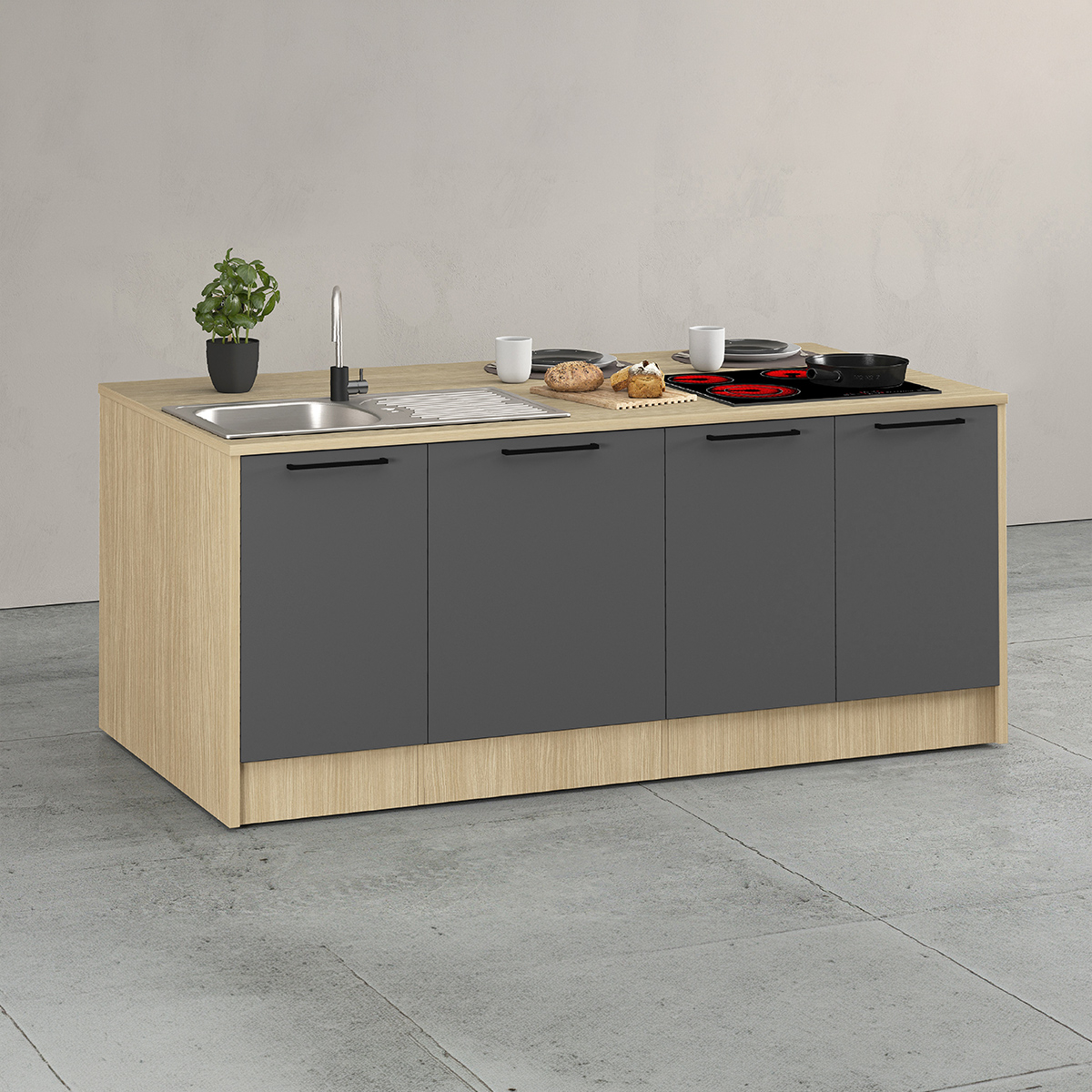 Komplette moderne Küche mit Halbinsel und Hochschränken Xirel