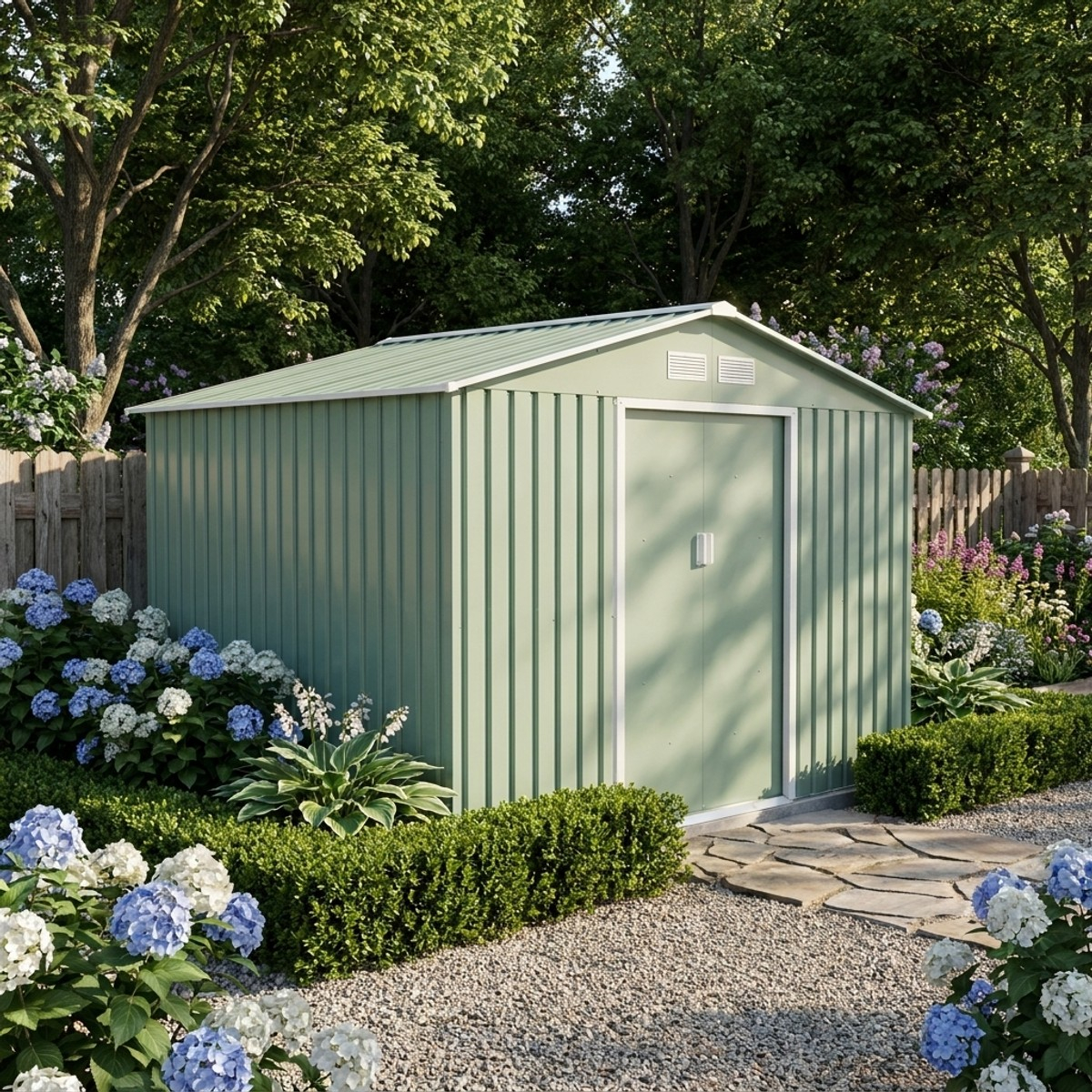 Caseta de jardín galvanizada verde con puerta amplia 277x195x193 Kelan