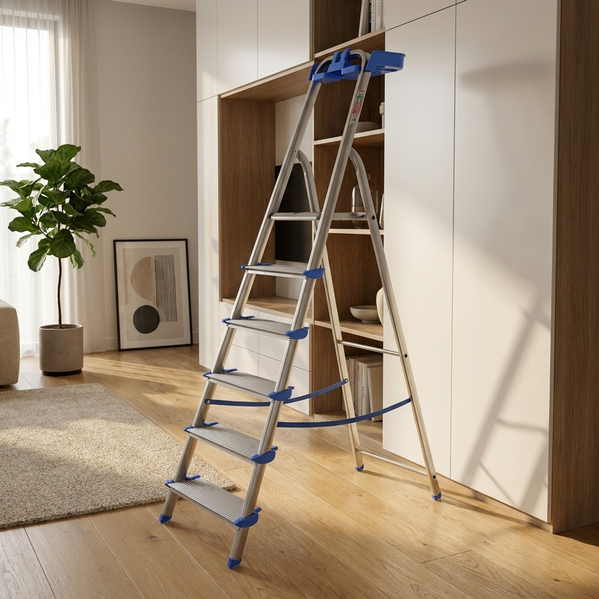 Escalera doméstica de aluminio con bandeja portaobjetos de 6 peldaños Atlantica
