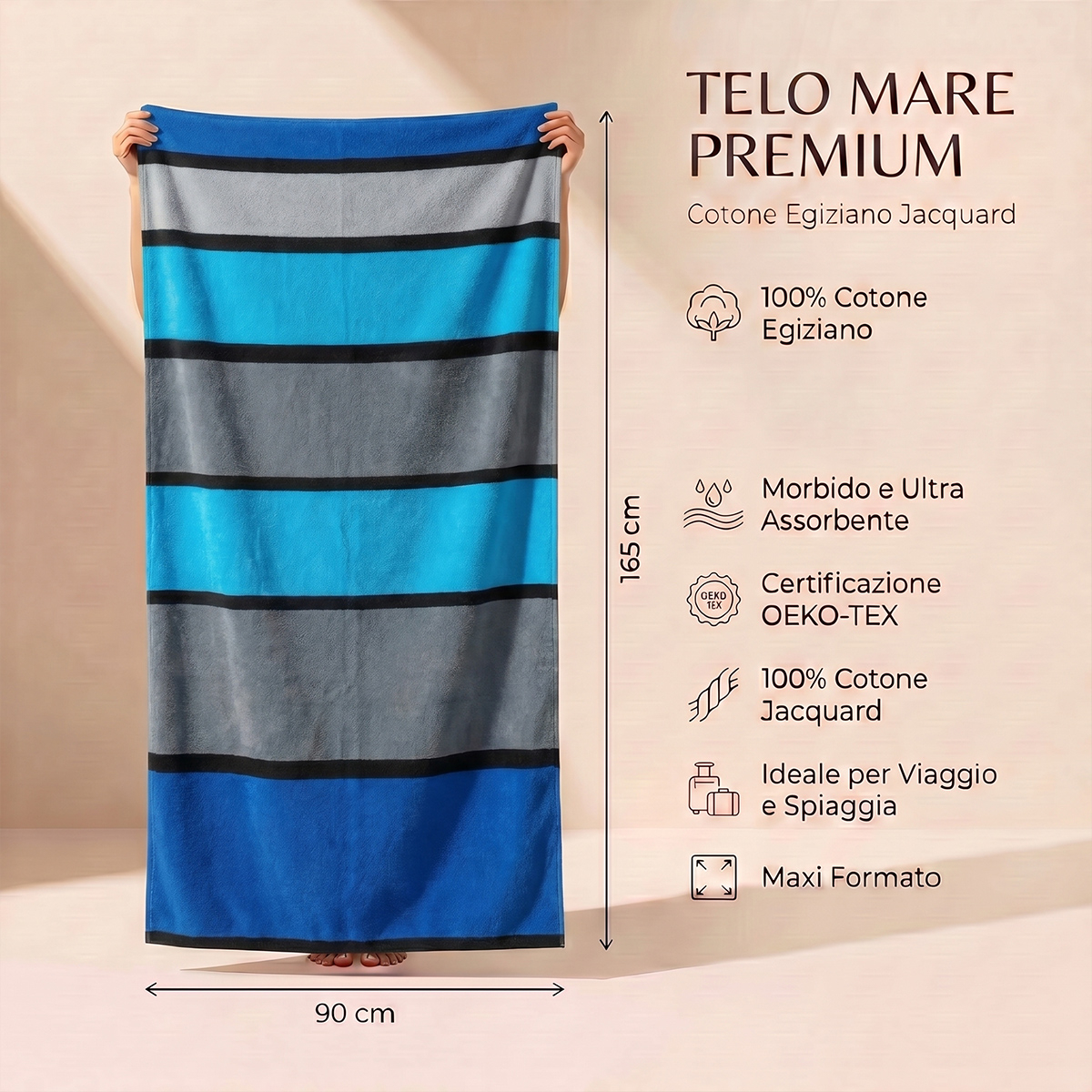 Toalla de playa de rizo jacquard en algodón egipcio 165x90 Big Stripe
