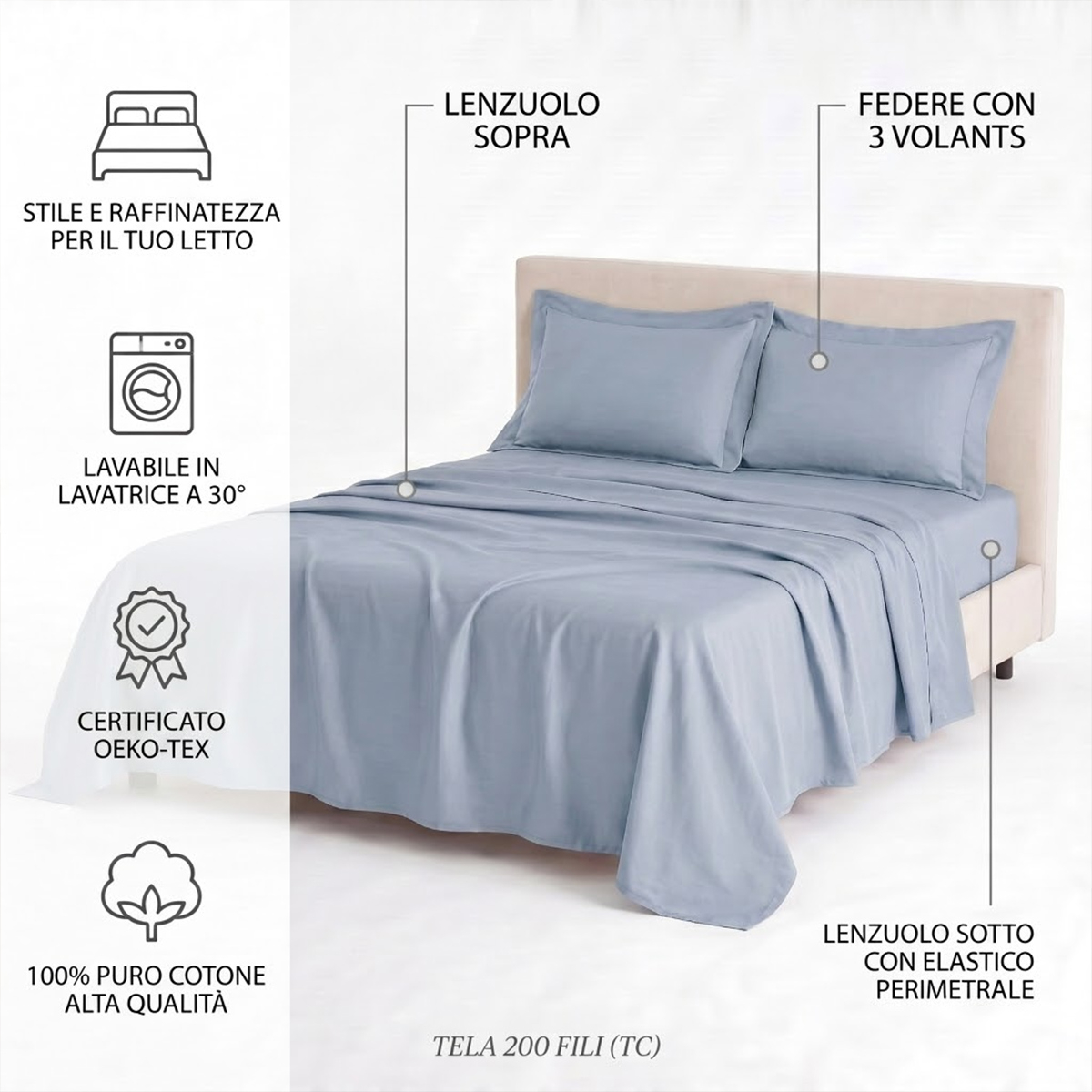 Satin-Bettwäsche-Set aus Baumwolle 180x200 für Doppelbett Mirea