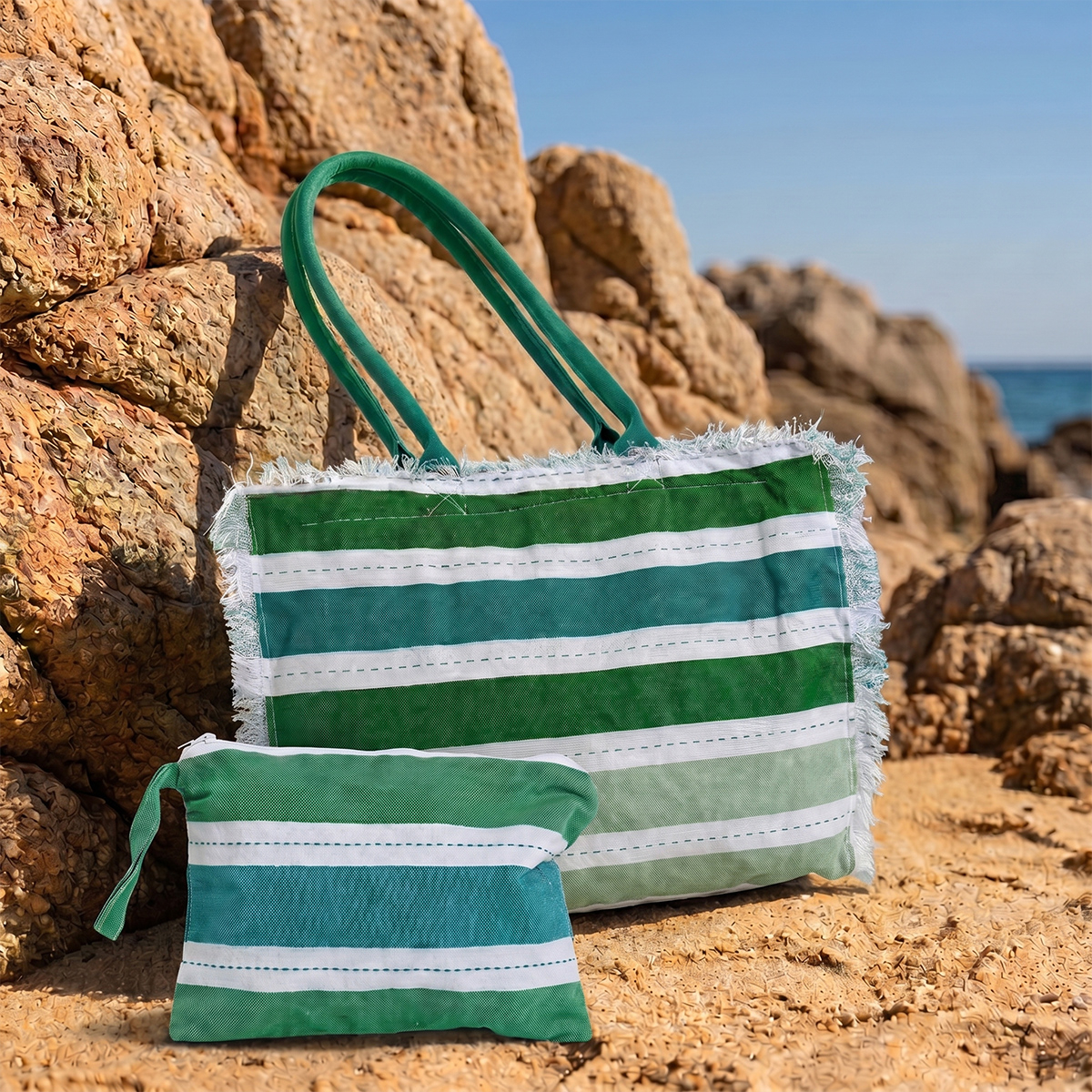 Große Damen-Strandtasche mit Pochette und Reißverschluss Set Avena