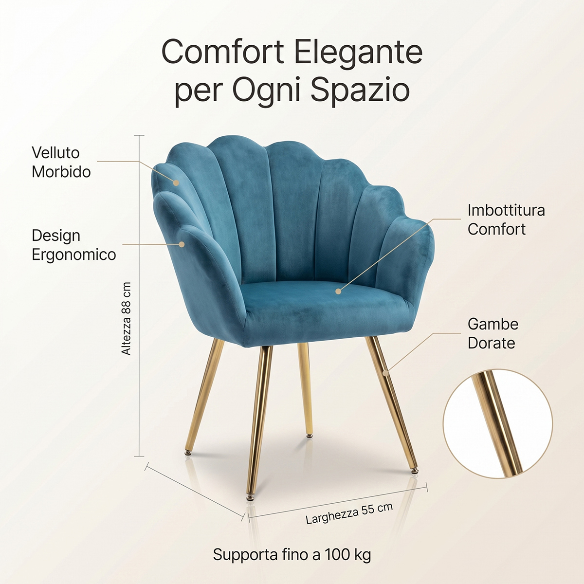 Sillón de terciopelo diseño concha Maelis