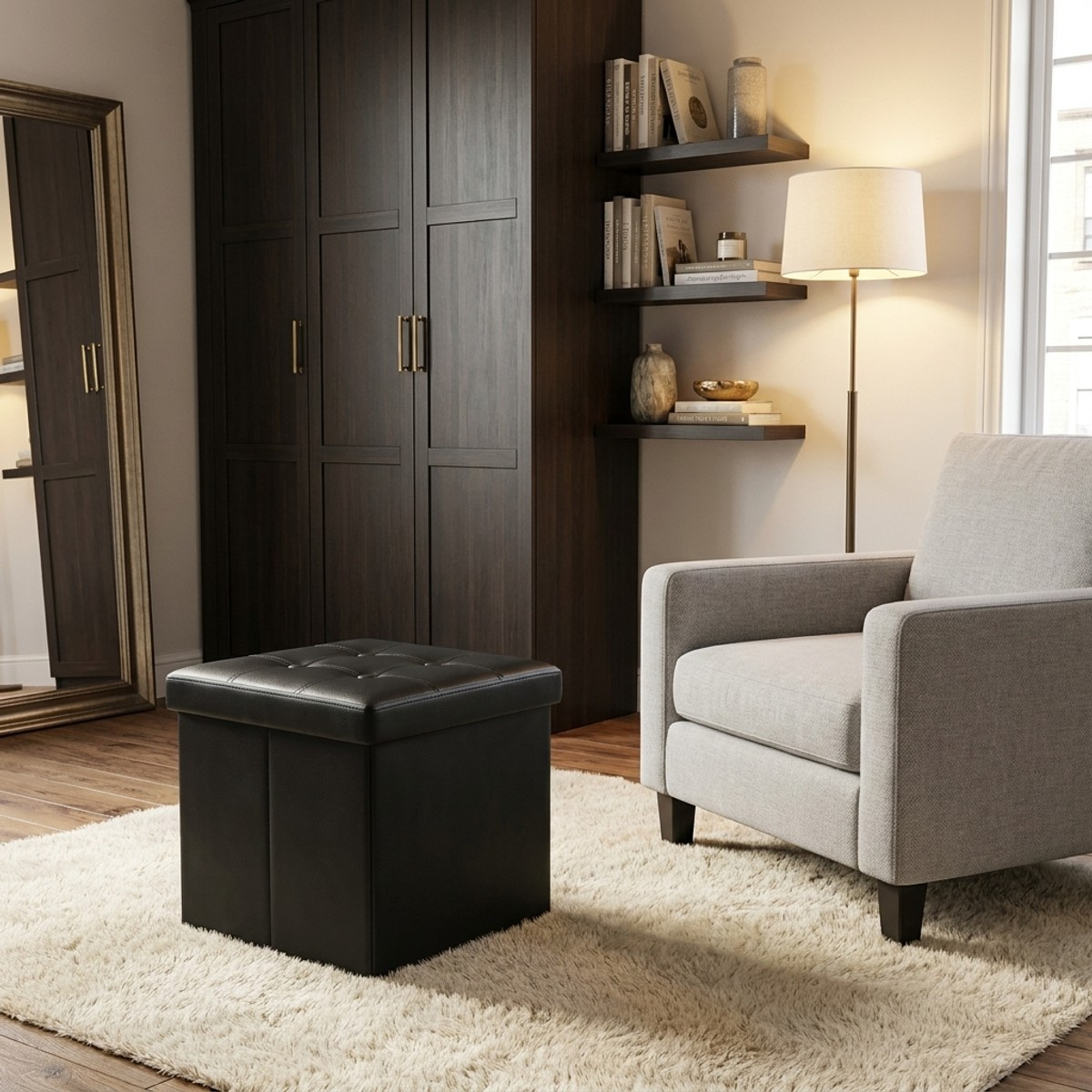 Quadratischer Sitzhocker mit Stauraum aus gepolstertem Kunstleder Solenne