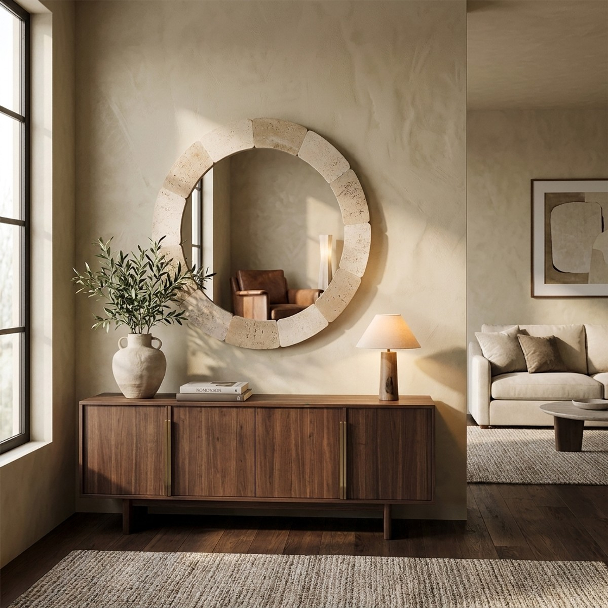 Espejo redondo de pared efecto piedra 90 cm Sculpted Stone Halo