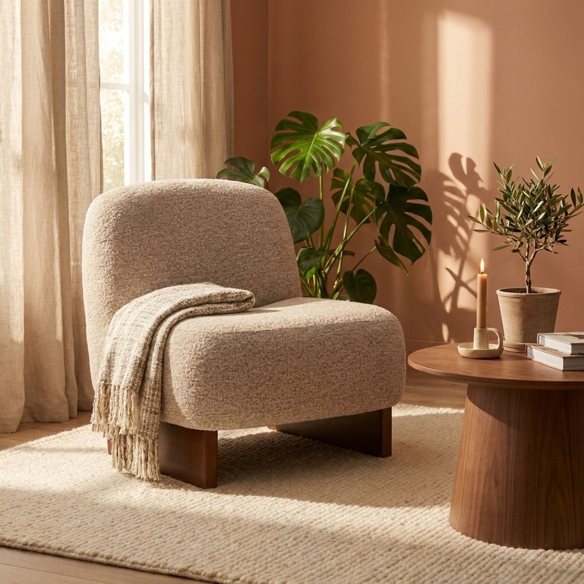 Fauteuil Japandi en tissu bouclette pour salon Kyoto Poise