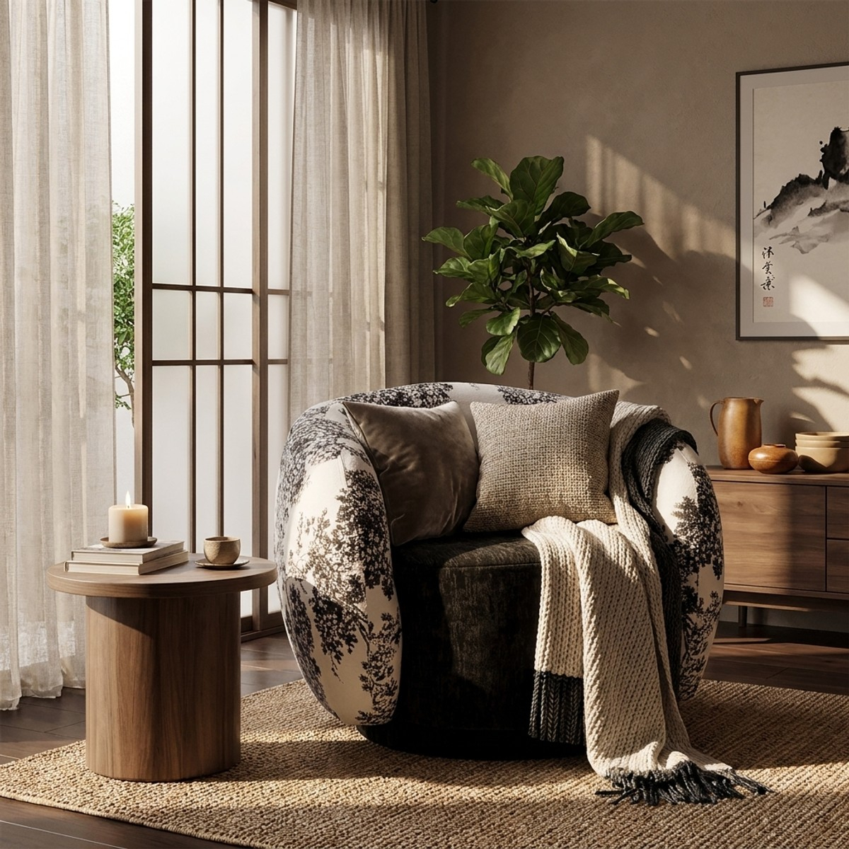 Sillón tapizado de diseño oriental Okinawa Monochrome Haven