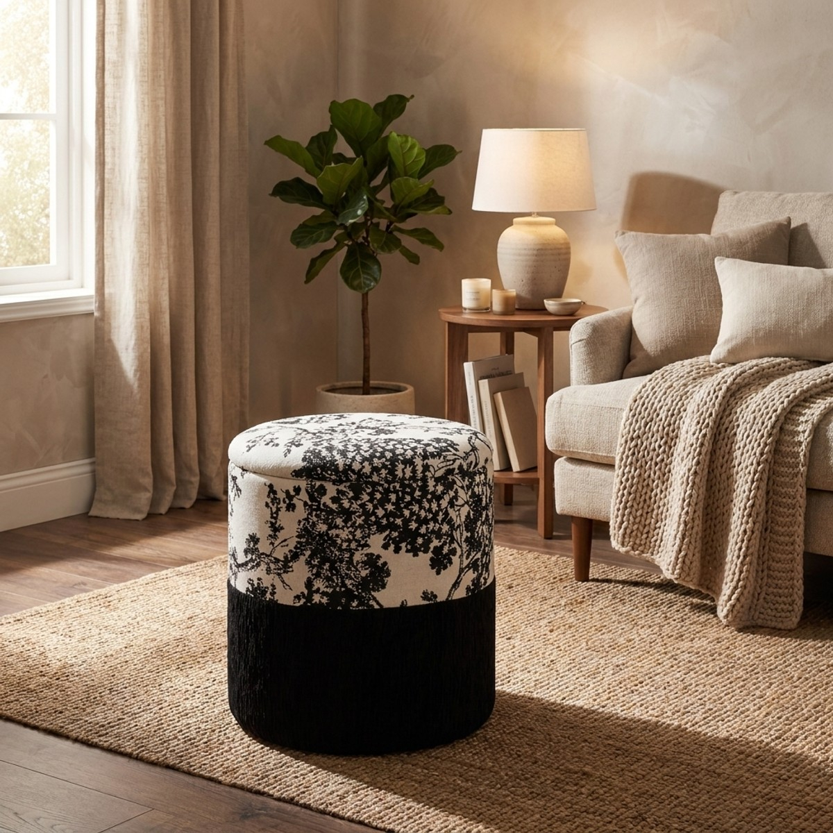 Runder gepolsterter Sitzhocker mit Stauraum Okinawa Monochrome Pouf