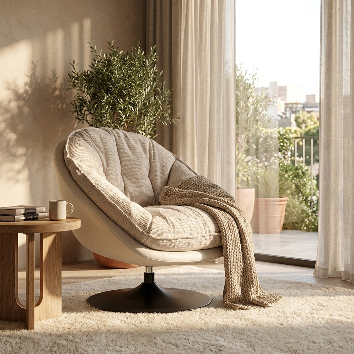 Sillón giratorio tapizado de diseño retro Poise