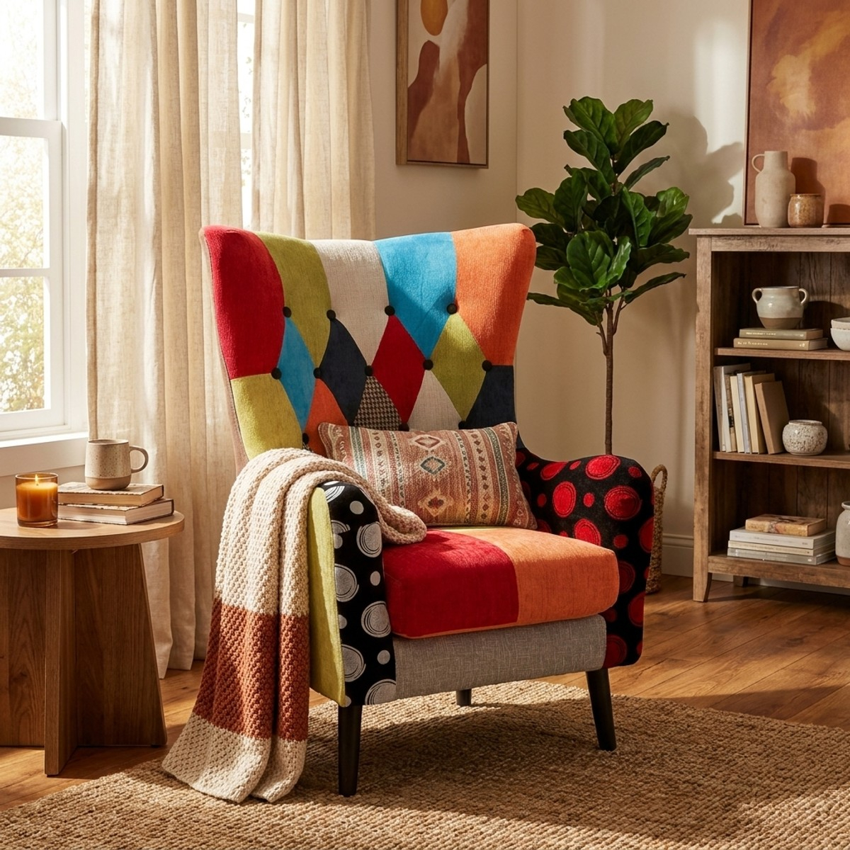 Sillón bergère tapizado en tela patchwork Imperial