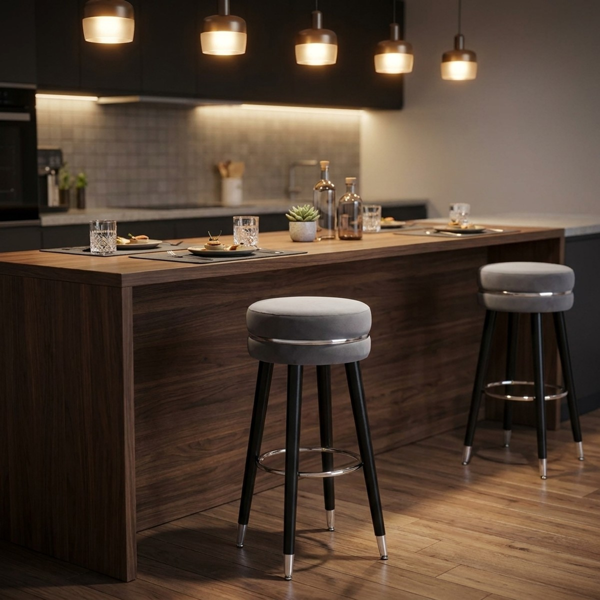 Gepolsterter Barhocker aus Samt und Holz Paris Silver