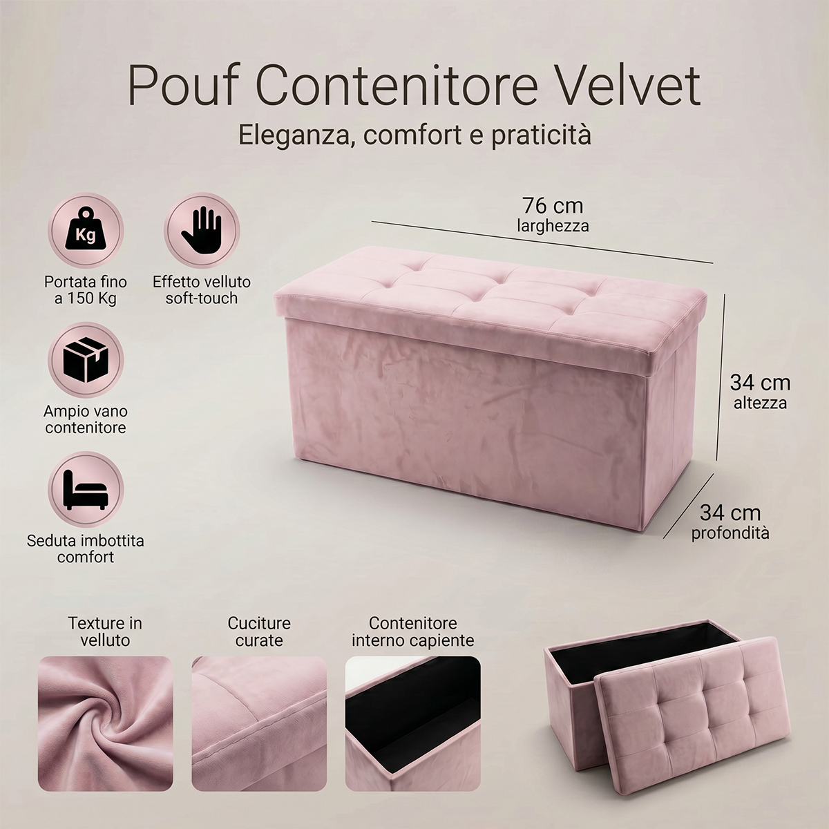 Puf baúl de terciopelo con espacio de almacenamiento 76x34x34 cm Double Velvet