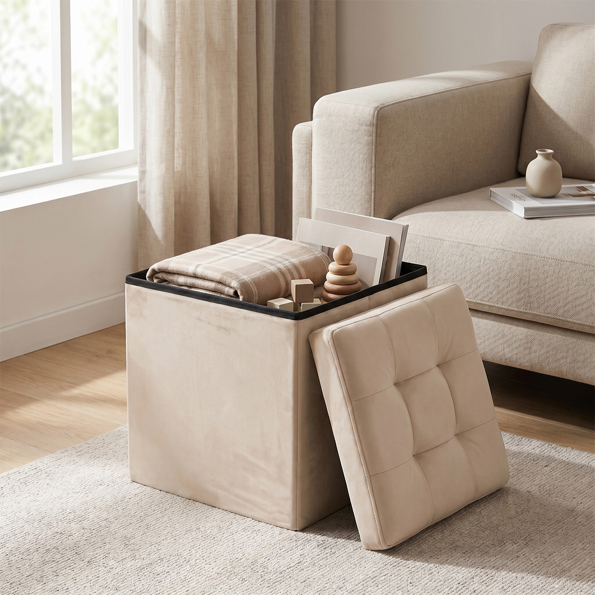 Samtiger Sitzhocker mit Stauraum, gesteppt, 38x38x38 cm Cubo