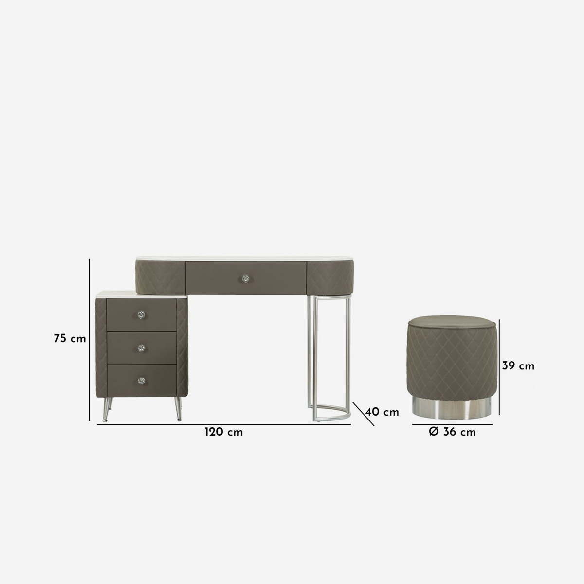 Tocador de dormitorio Sharon Silver con puff y cajones