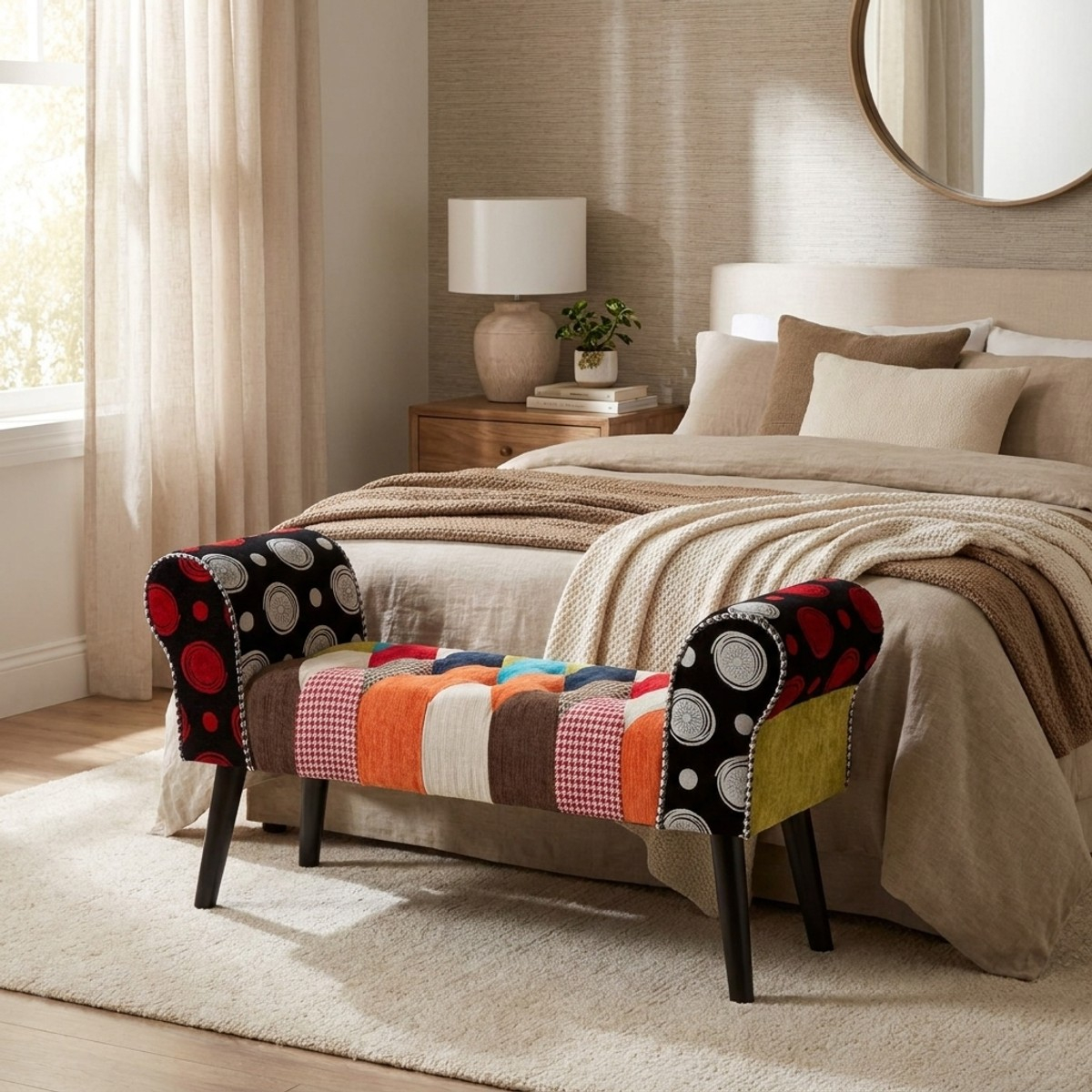 Banco tapizado en madera y tela patchwork Imperial