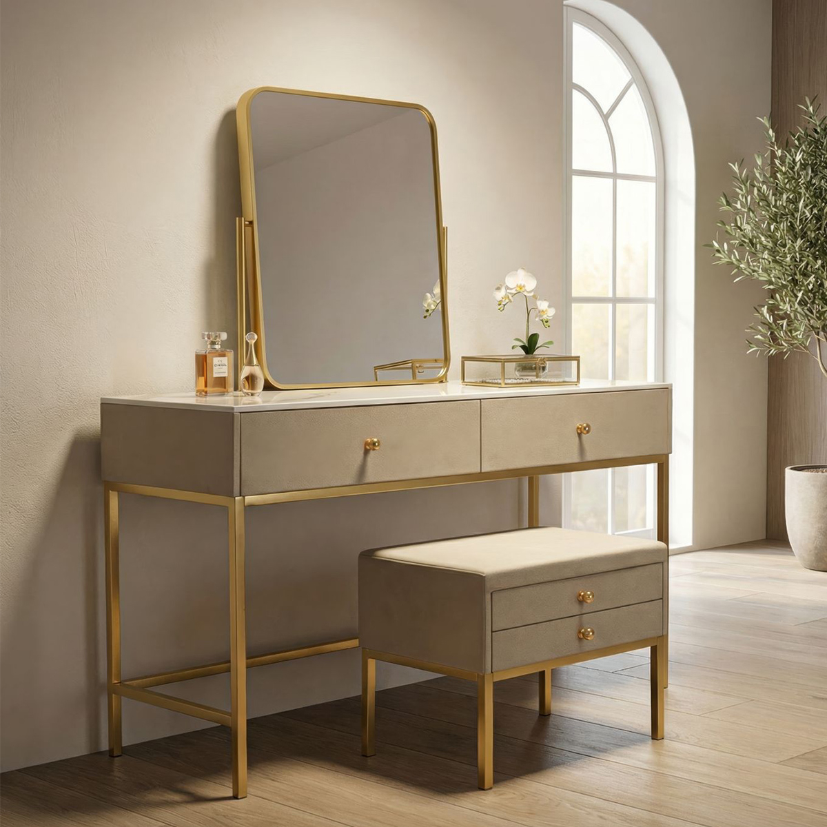Schminktisch Luxury mit Spiegel und Hocker mit Stauraum