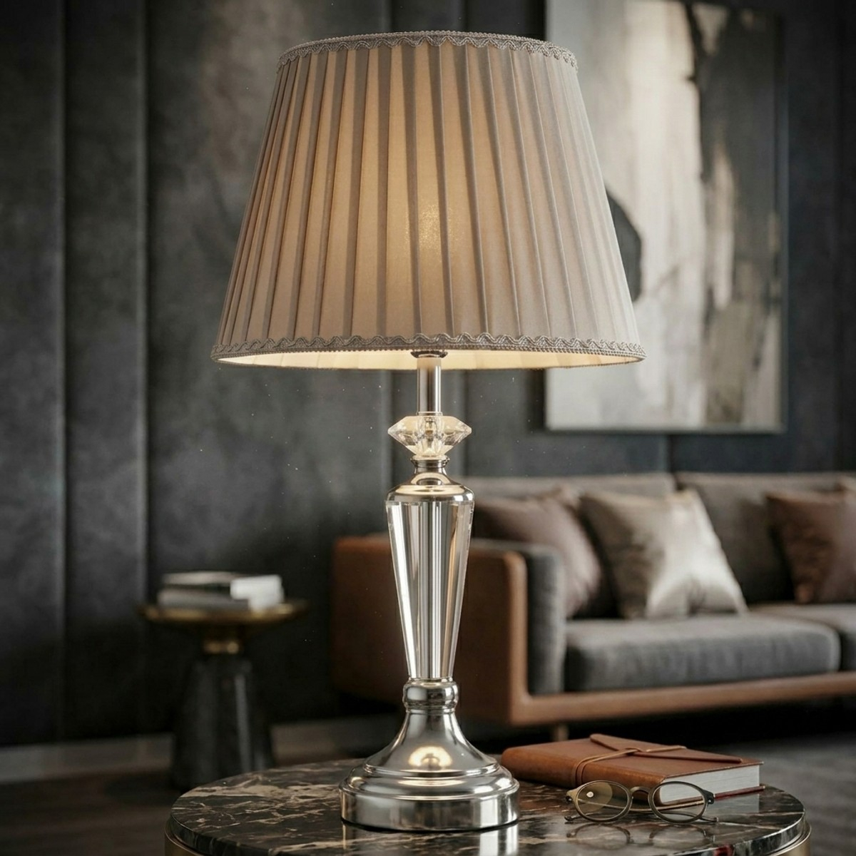Lampada da tavolo in metallo vetro e tessuto Silvery