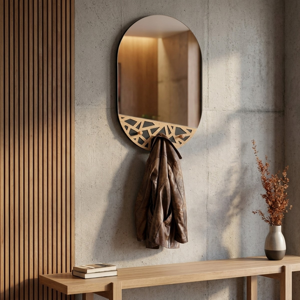 Espejo de pared con perchero en MDF y vidrio Carv