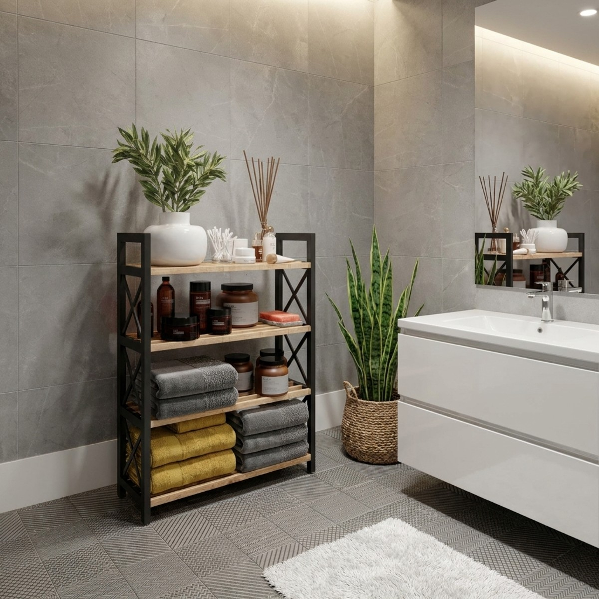 Étagère gain de place multifonction en plastique effet bois Plastic Bathroom 4